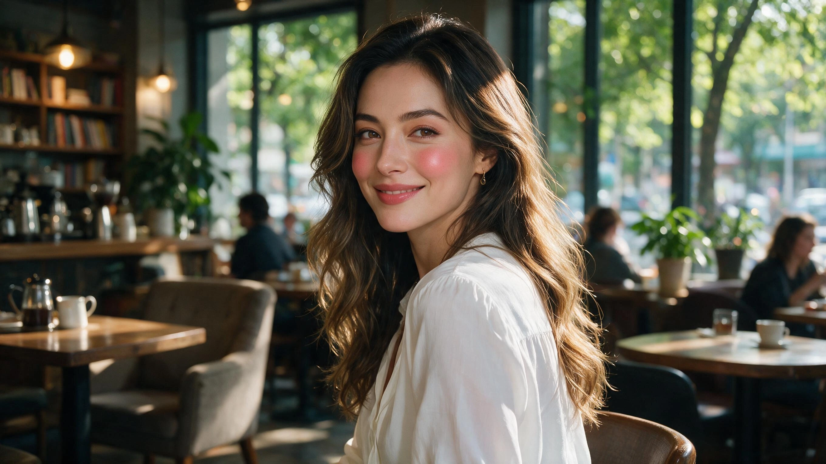 Photoreal render of a beautiful woman with wavy hair smiling over her shoulder in a cafe, generated on Creamify's Dream engine