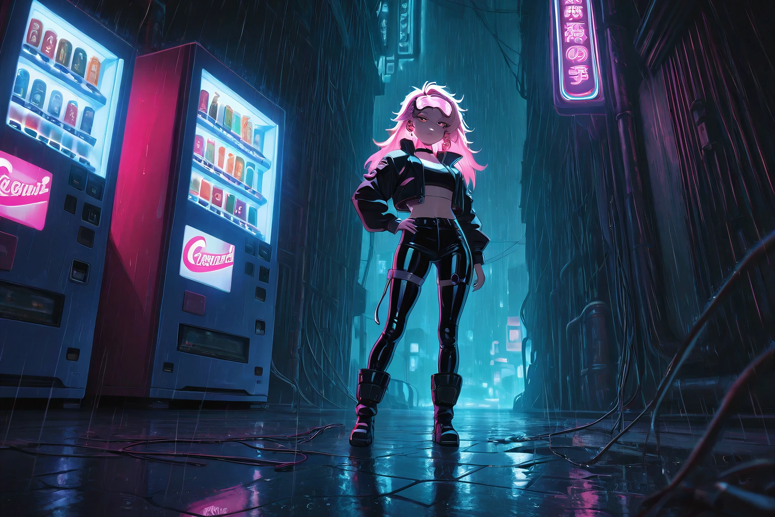 Anime-style render of an anime woman with pink hair in a cyberpunk street at night, generated on Creamify's Kira engine