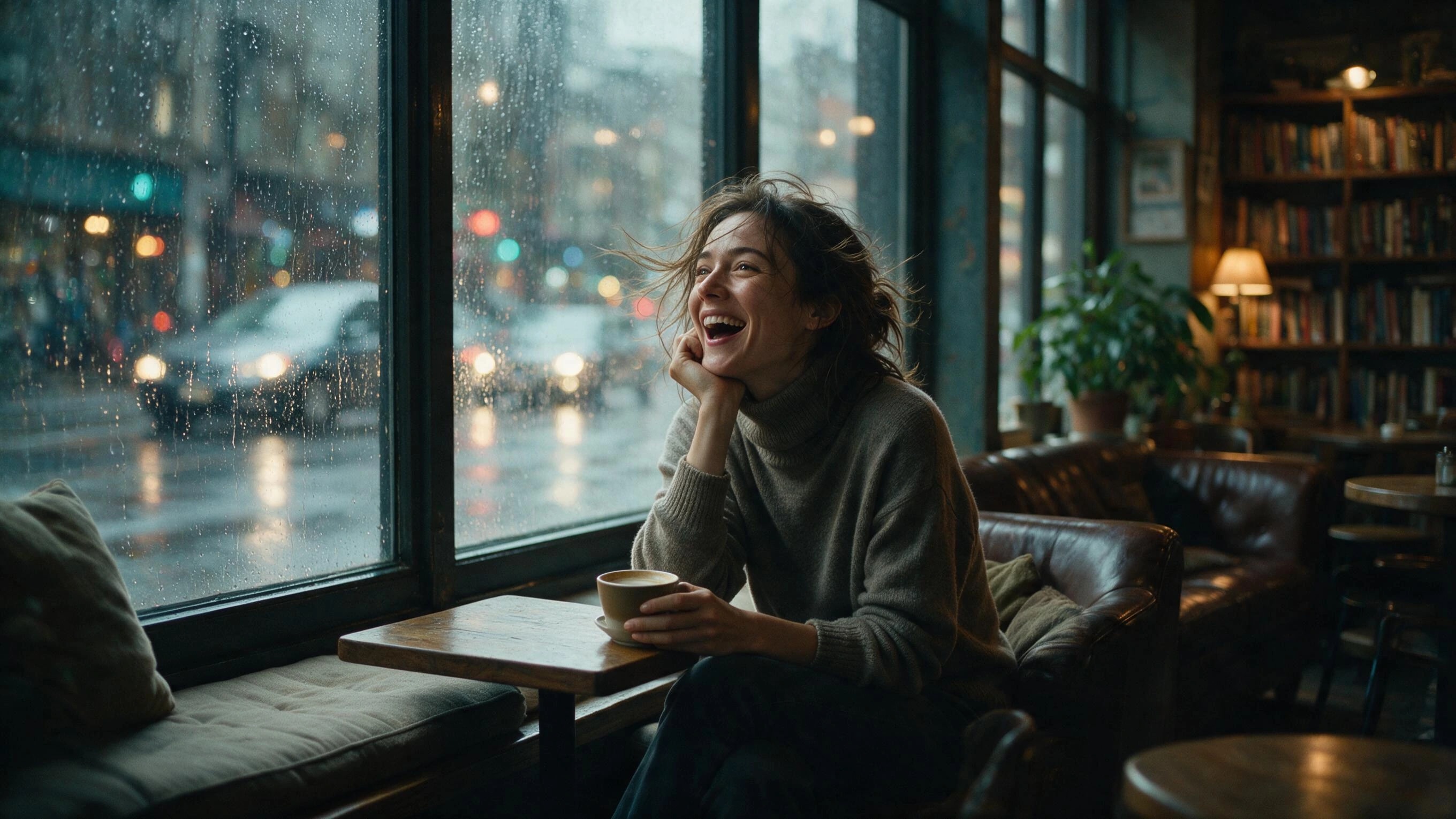 Photoreal render of a woman laughing in a cafe window seat, cinematic film still, generated on Creamify's Dream engine