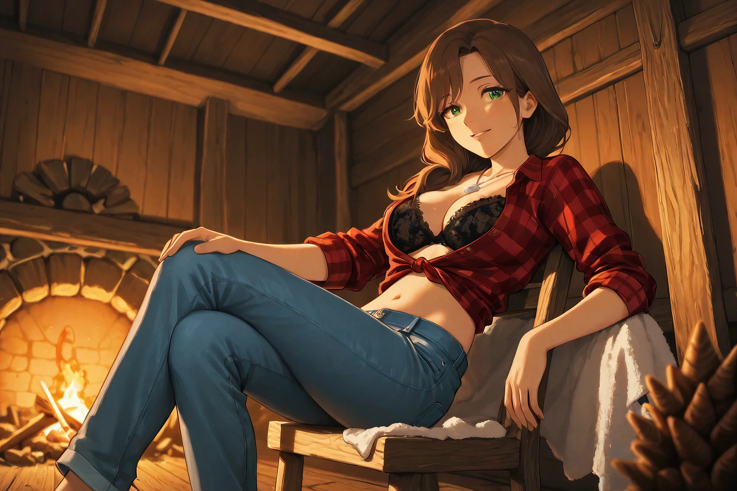 Anime-style render of an anime woman in an open flannel shirt over a black bra in a cozy cabin, generated on Creamify's Kira engine