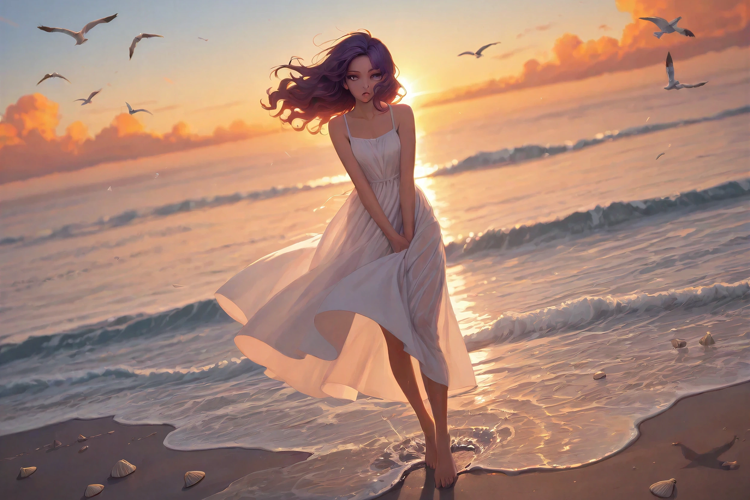 Anime-style render of a woman standing on a beach at sunset, wind in her hair, generated on Creamify's Kira engine