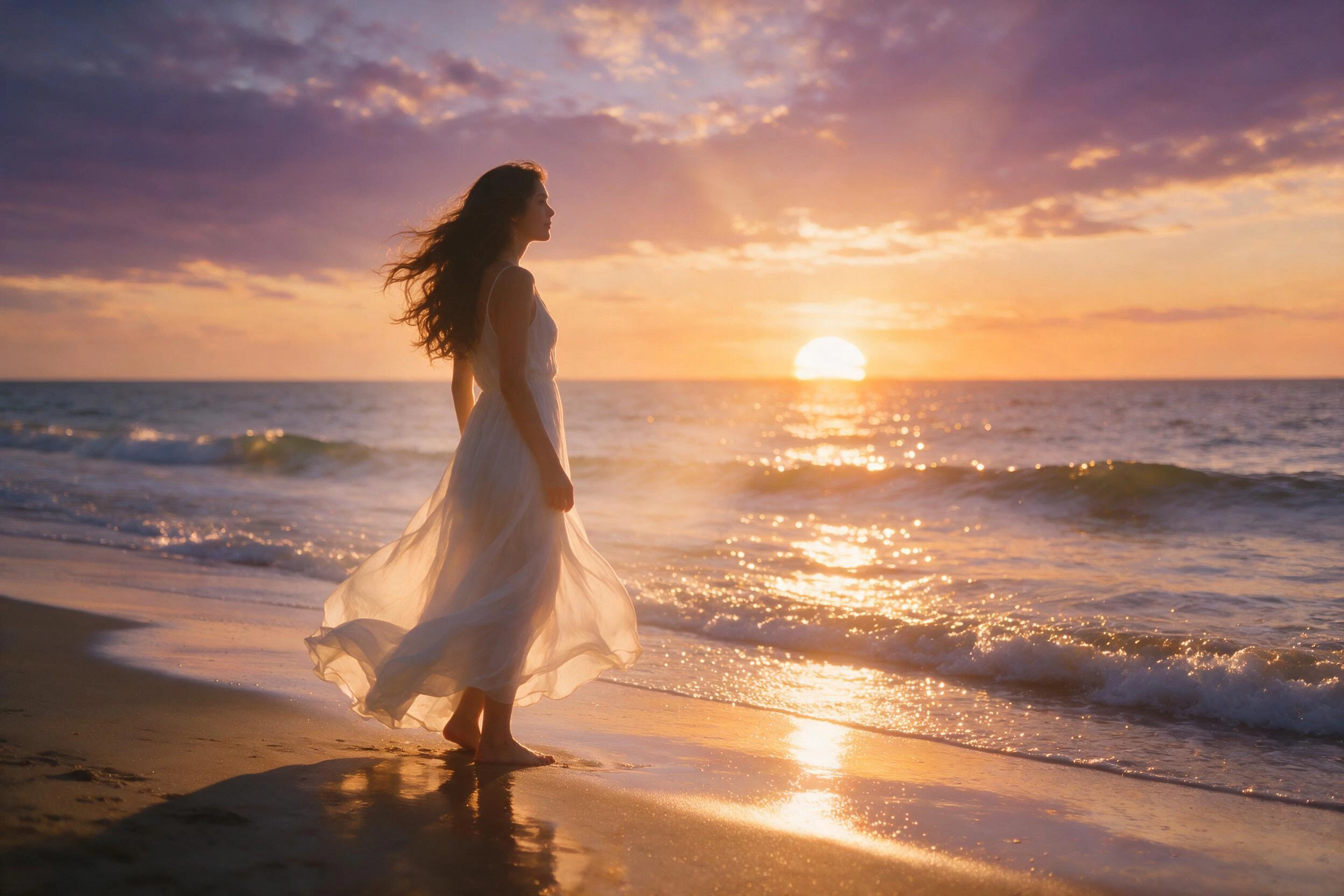 Photoreal render of a woman standing on a beach at sunset, wind in her hair, generated on Creamify's Dream engine