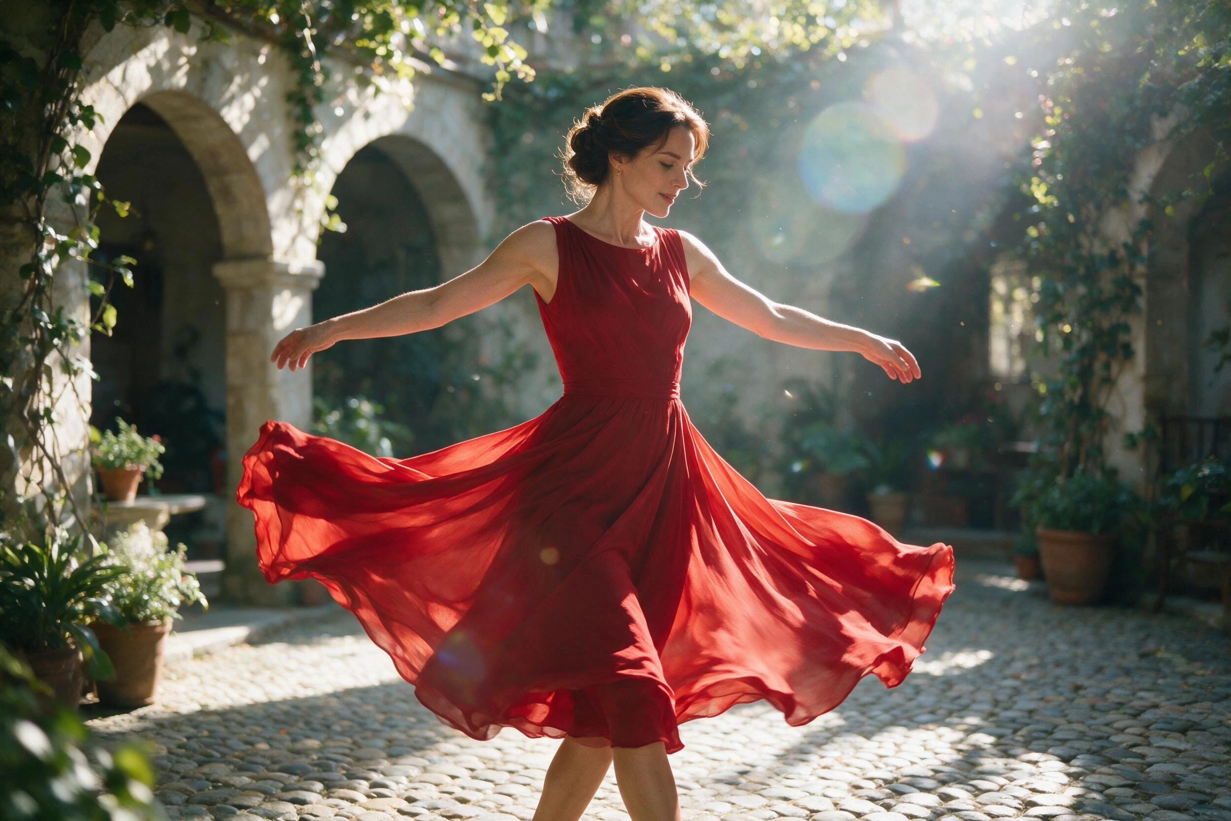 Photoreal render of a woman in a red dress twirling in a sunlit courtyard, generated on Creamify's Dream engine