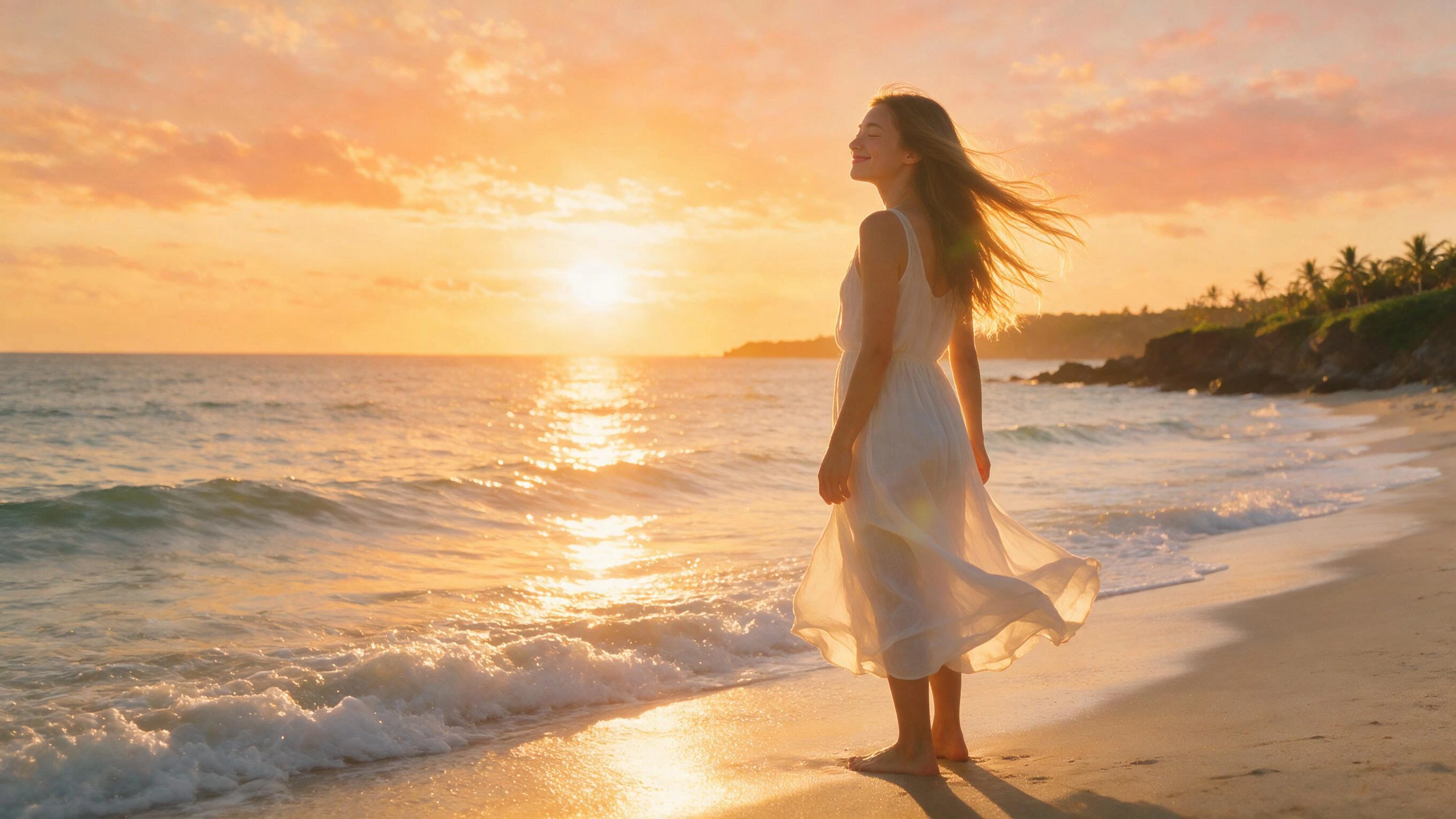Photoreal render of a woman standing on a beach at sunset, wind in her hair, generated on Creamify's Dream engine