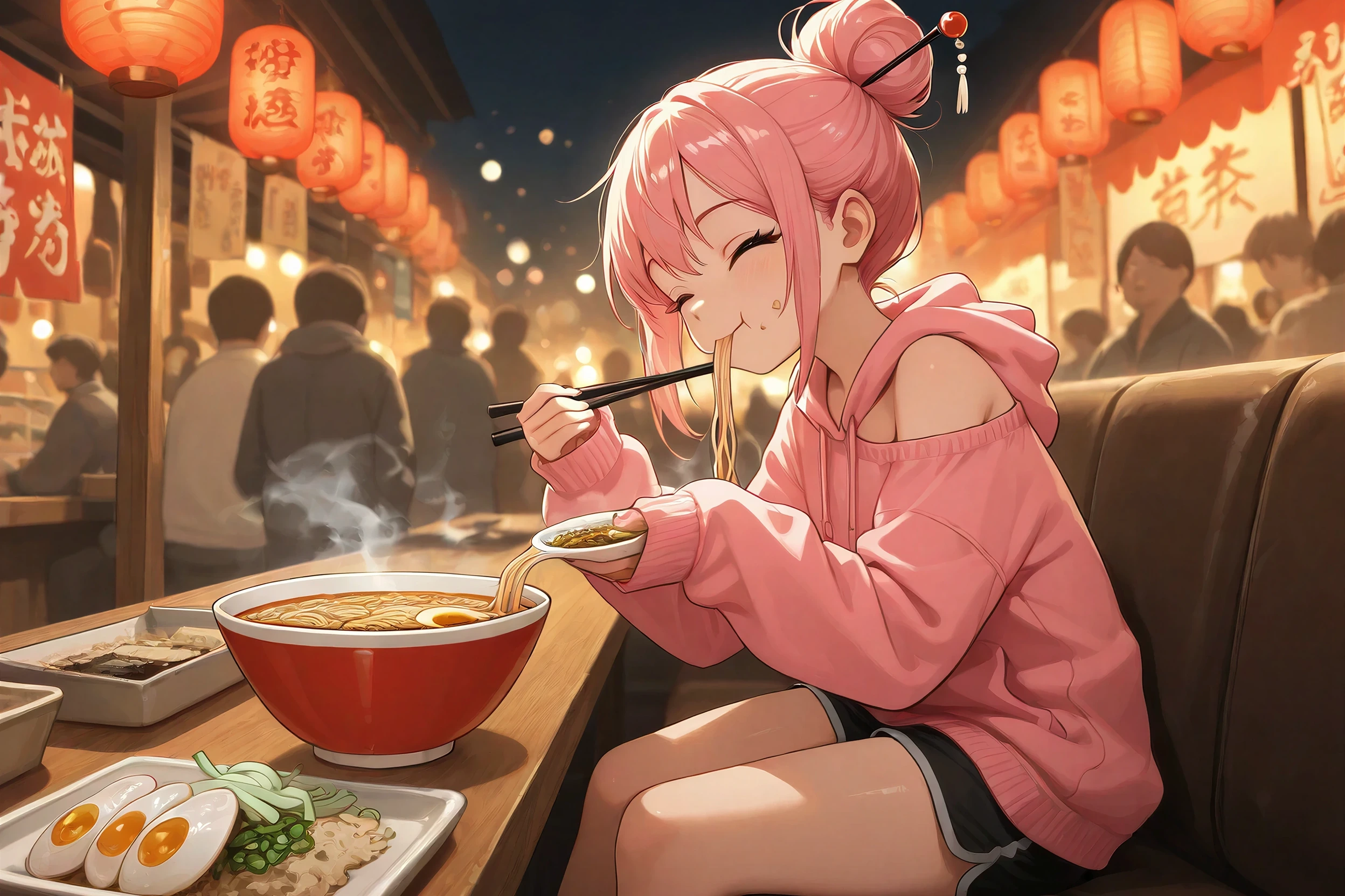 Anime-style render of an anime woman in an oversized hoodie eating ramen at a night market, generated on Creamify's Kira engine