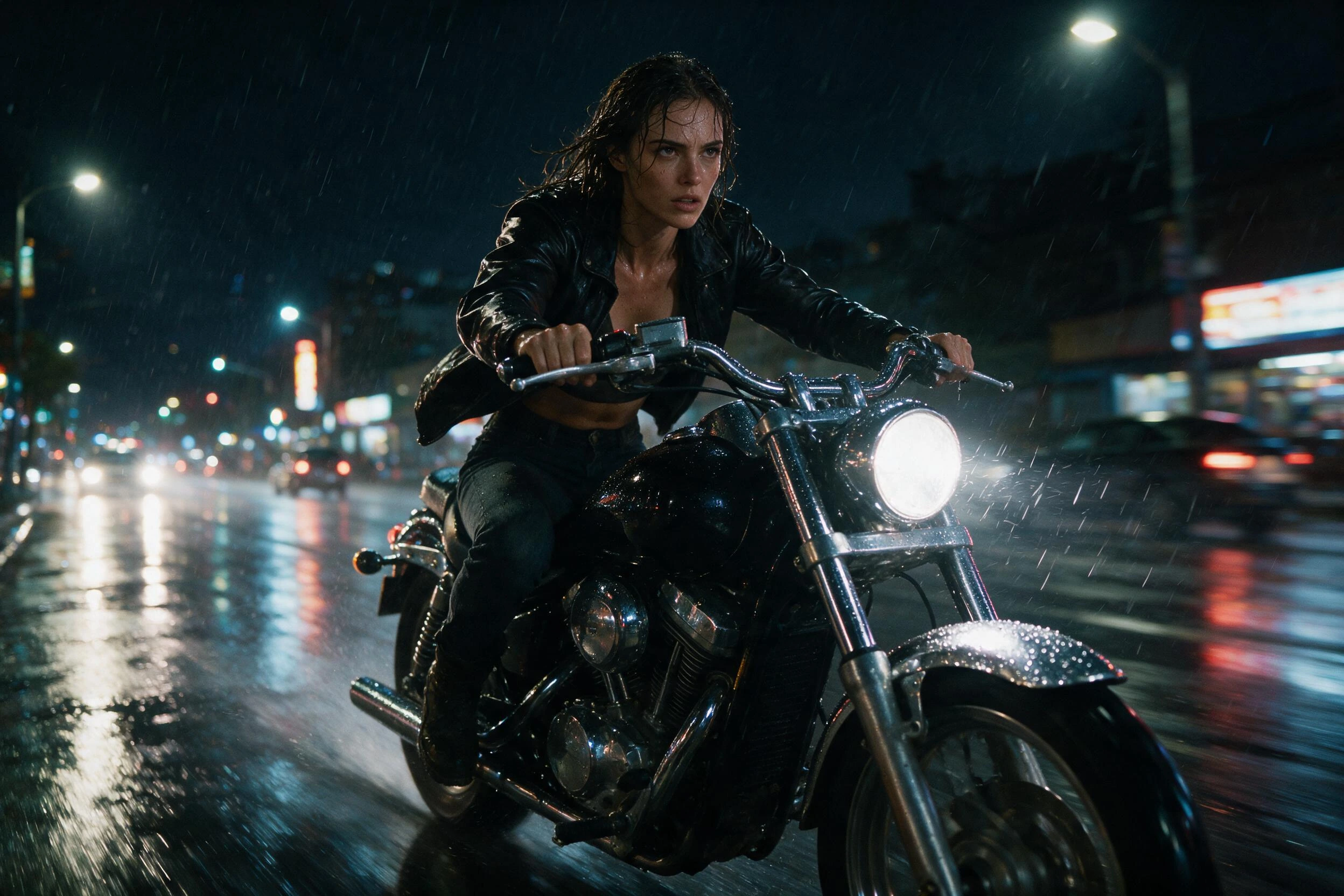 Photoreal render of a woman in a leather jacket on a motorcycle at night in the rain, generated on Creamify's Dream engine