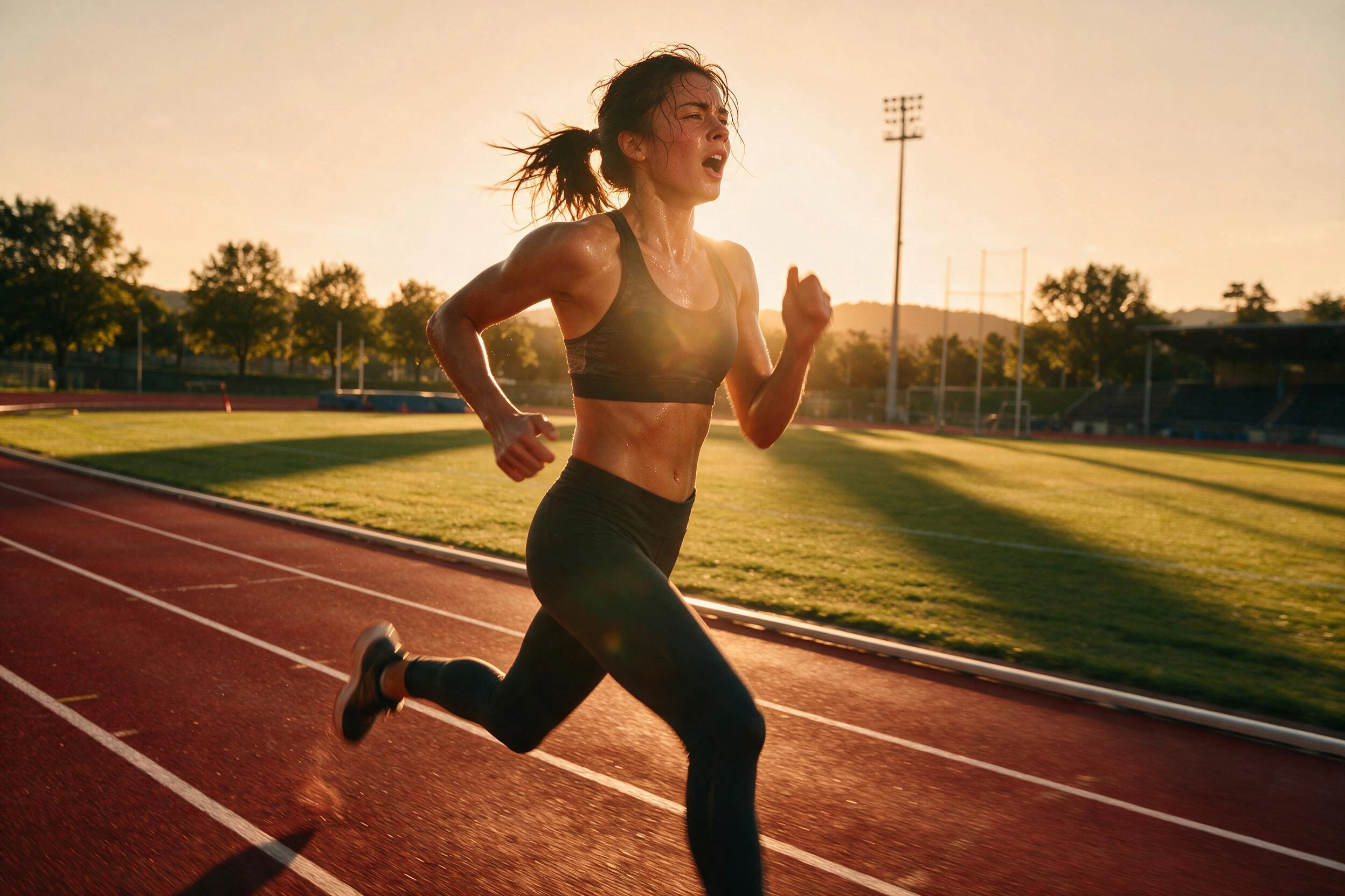 Photoreal render of a beautiful woman in athletic wear on a running track at golden hour, generated on Creamify's Dream engine