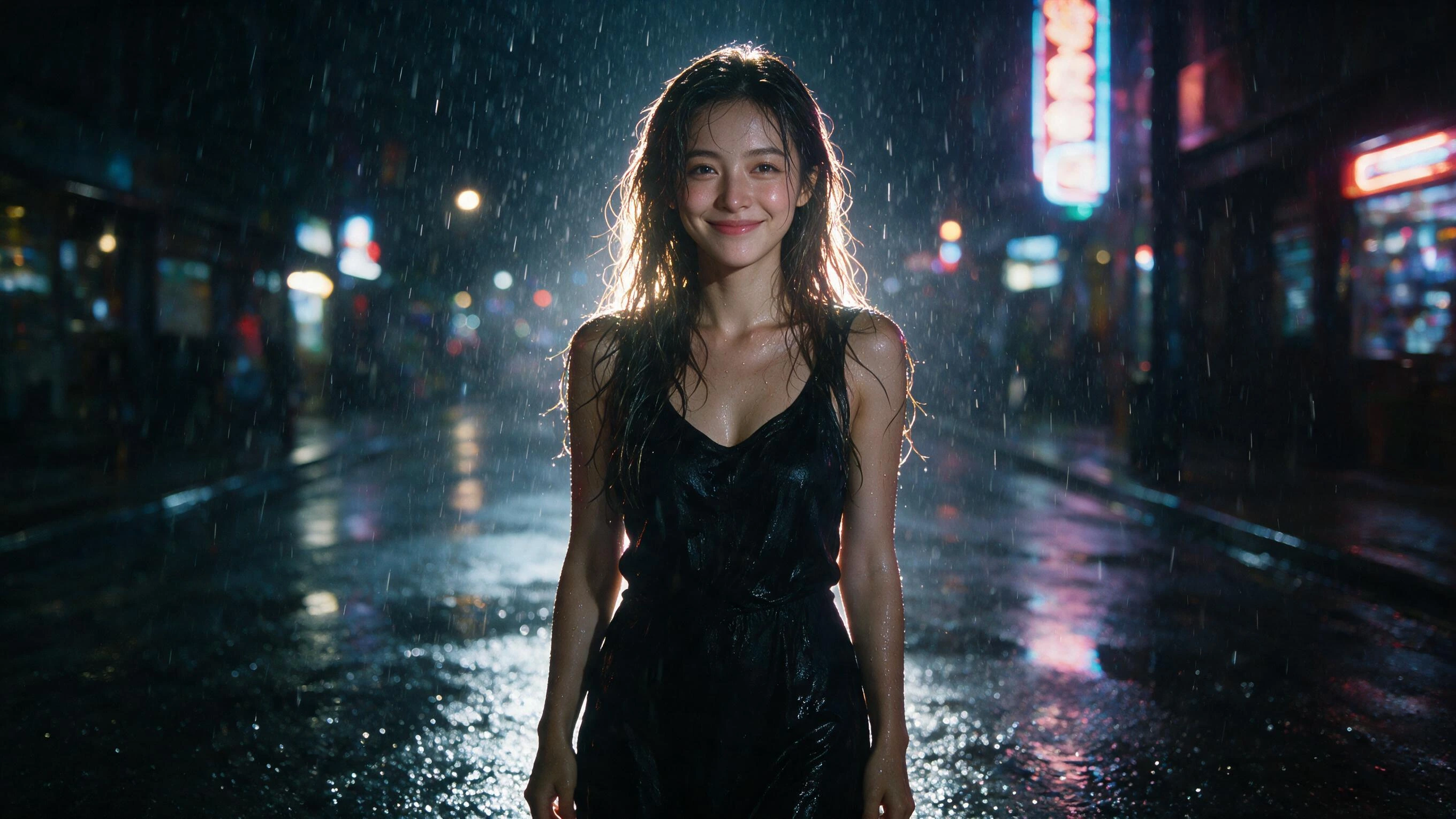 Photoreal render of a beautiful woman smiling in the rain on a city street at night, generated on Creamify's Dream engine