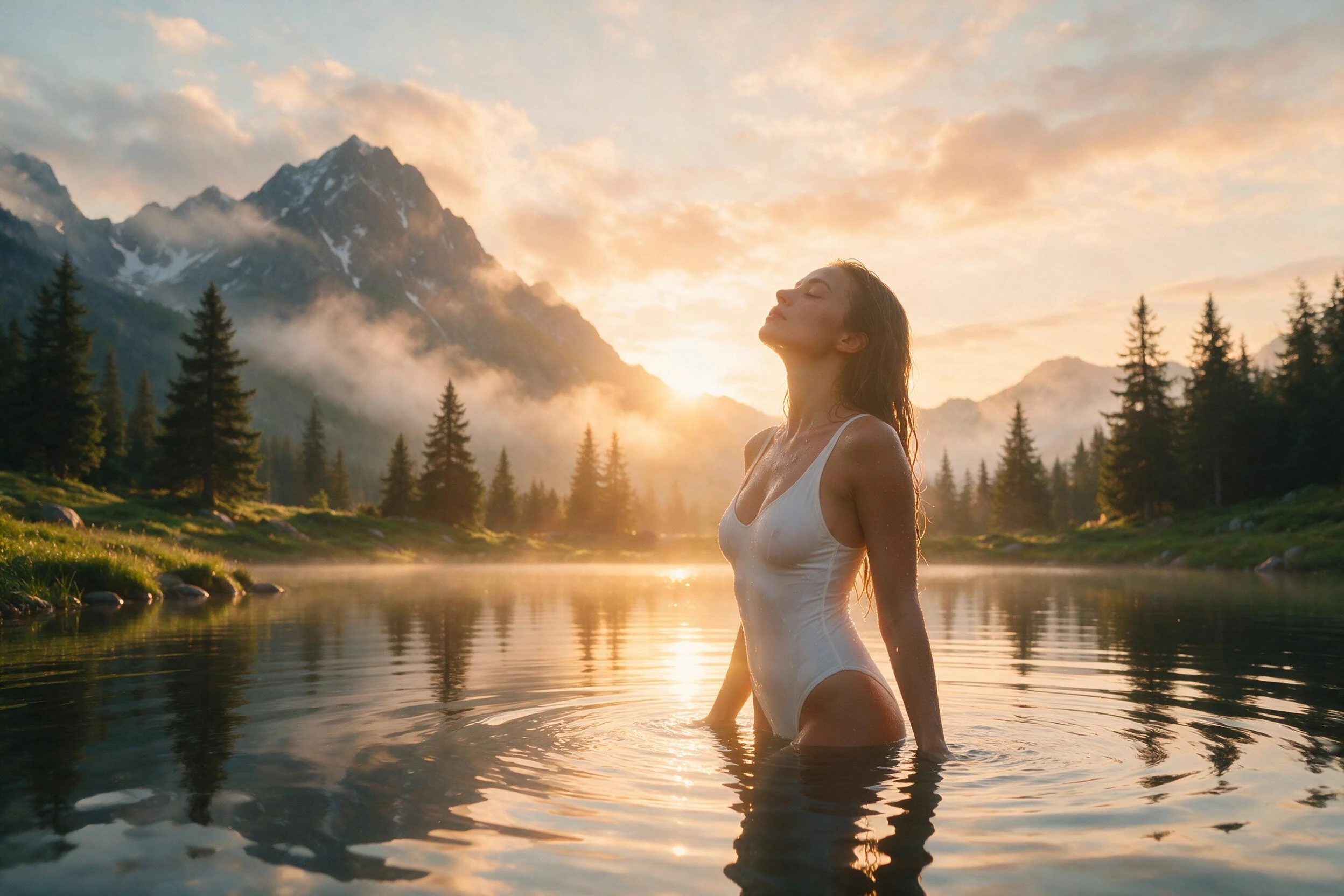 Photoreal render of a woman in a white swimsuit standing in an alpine lake at sunrise, generated on Creamify's Dream engine