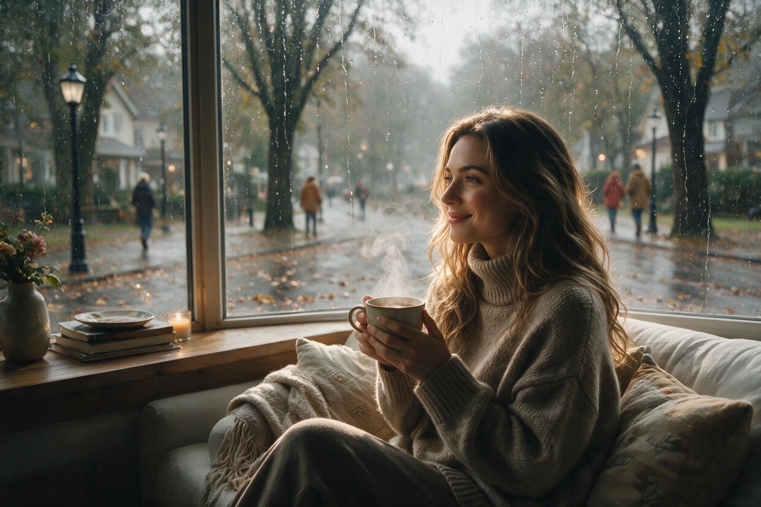 Photoreal render of a beautiful woman in a cozy sweater holding a coffee mug by a rainy window, generated on Creamify's Dream engine