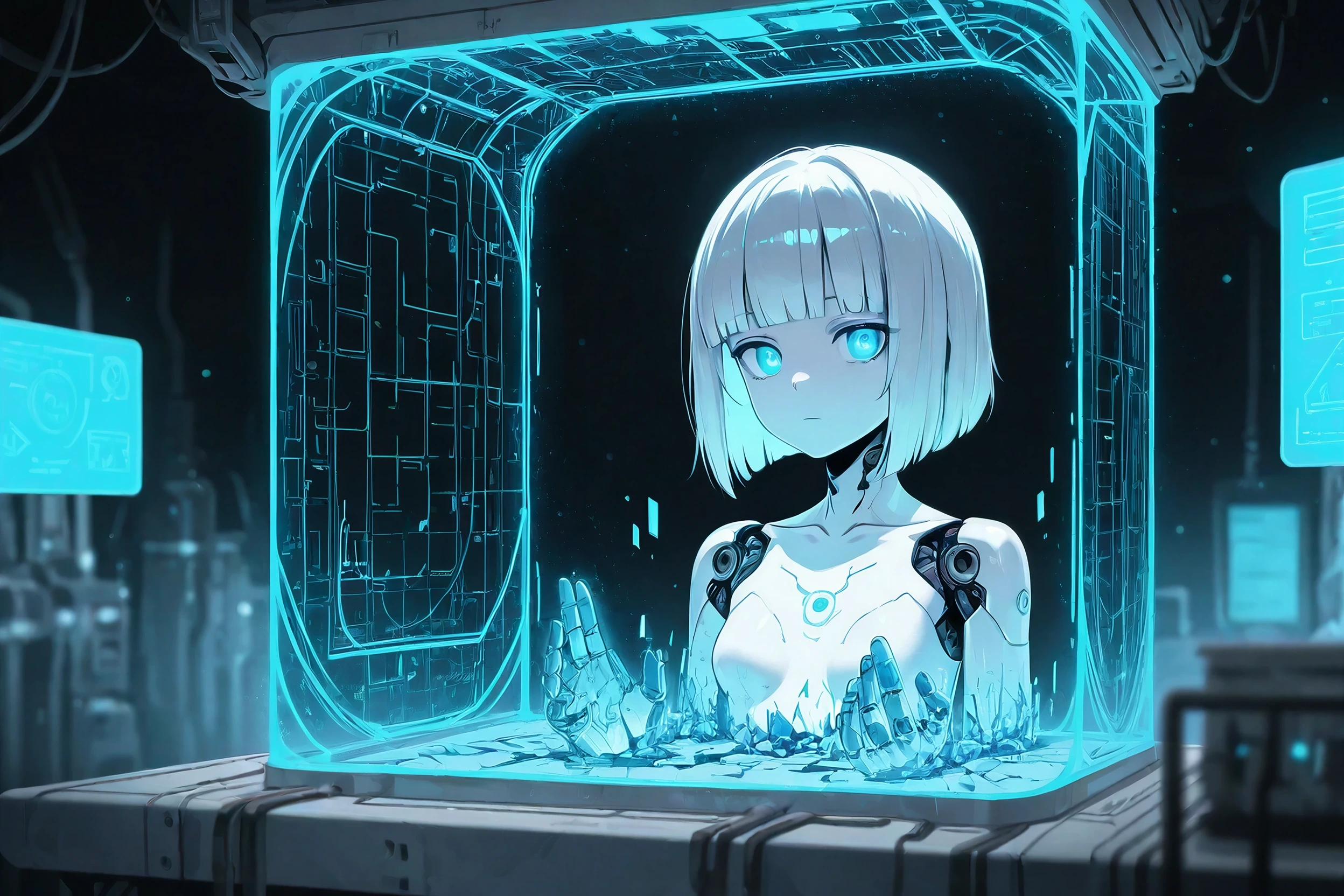 Anime-style render of an anime android woman with glowing blue lines in a futuristic lab, generated on Creamify's Kira engine