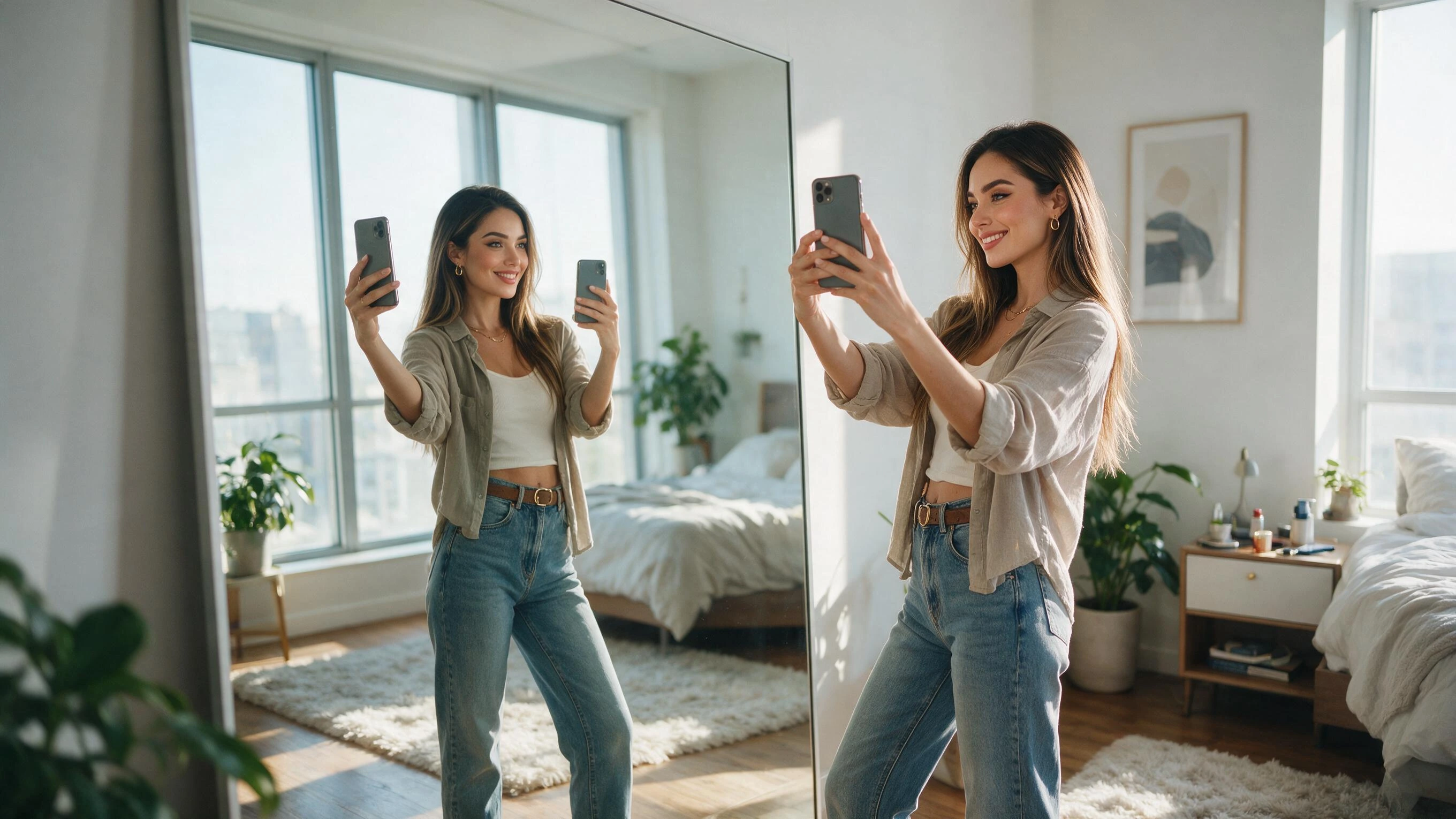 Photoreal render of a beautiful woman taking a mirror selfie in a bright bedroom, generated on Creamify's Dream engine