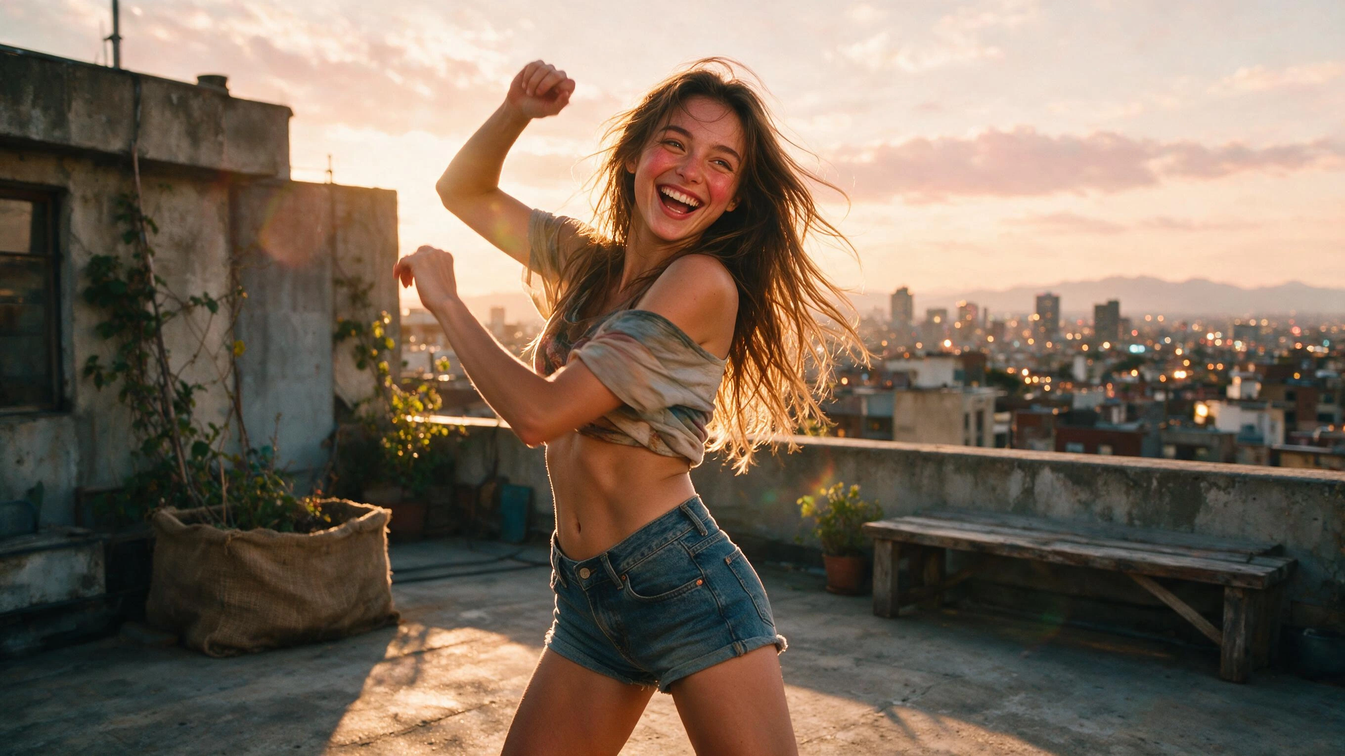 Photoreal render of a beautiful woman dancing on a rooftop at sunset in a crop top and shorts, generated on Creamify's Dream engine