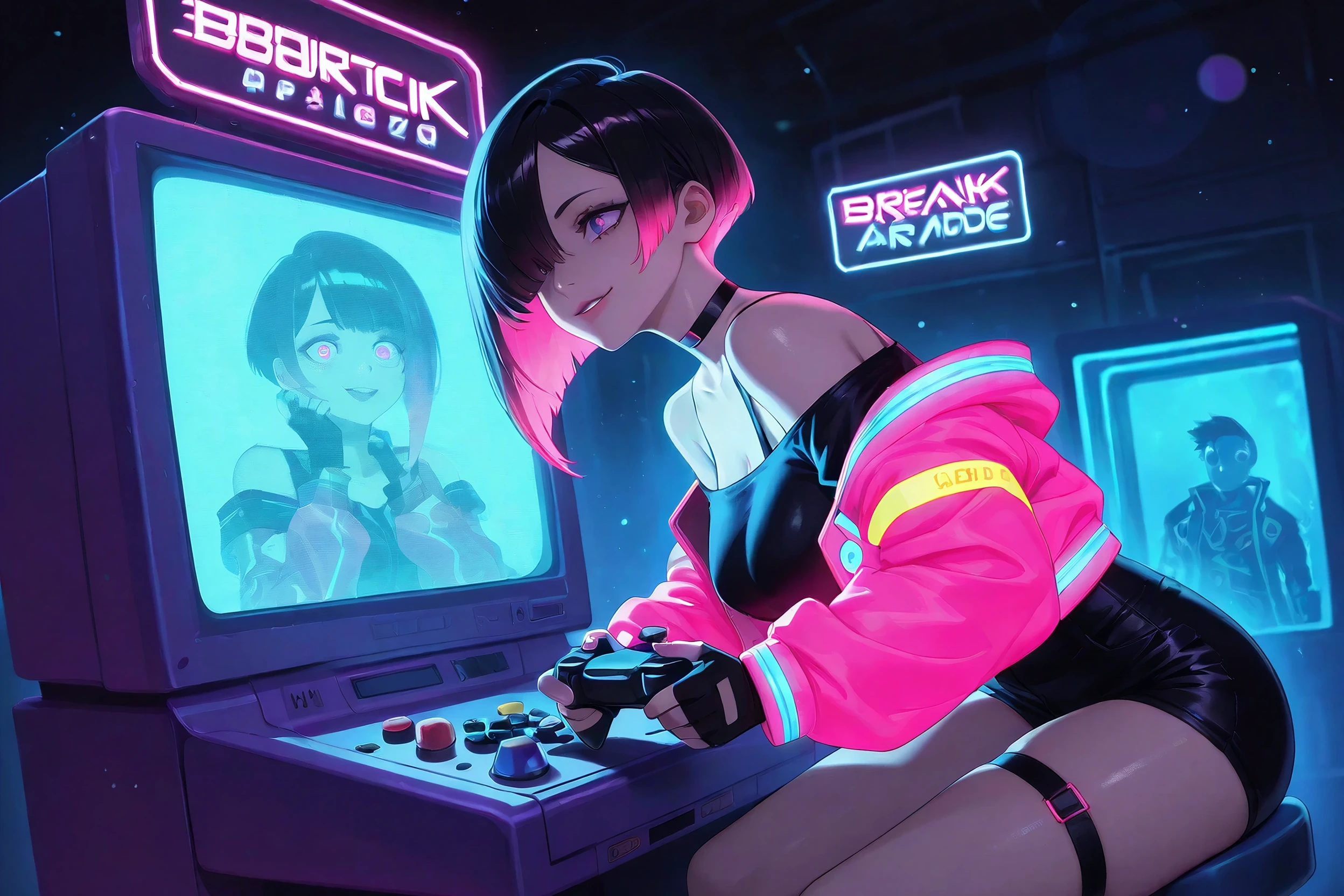 Anime-style render of an anime woman in a neon-lit arcade holding a controller, generated on Creamify's Kira engine