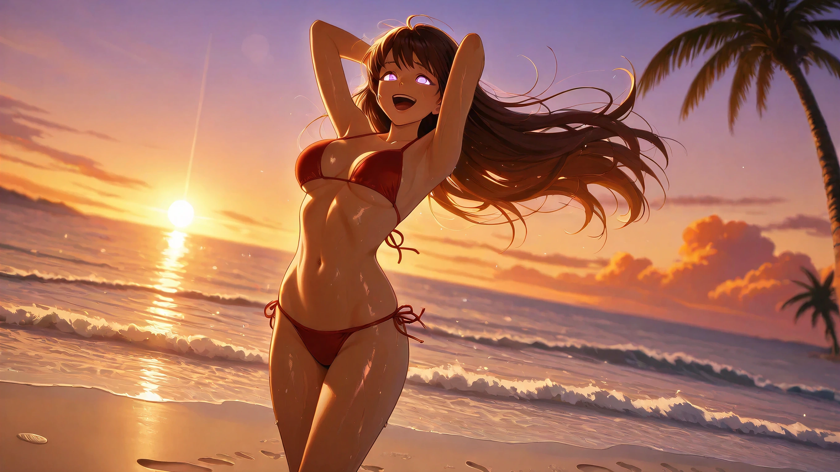 Anime-style render of an anime woman in a red bikini on a beach at sunset, laughing, generated on Creamify's Kira engine