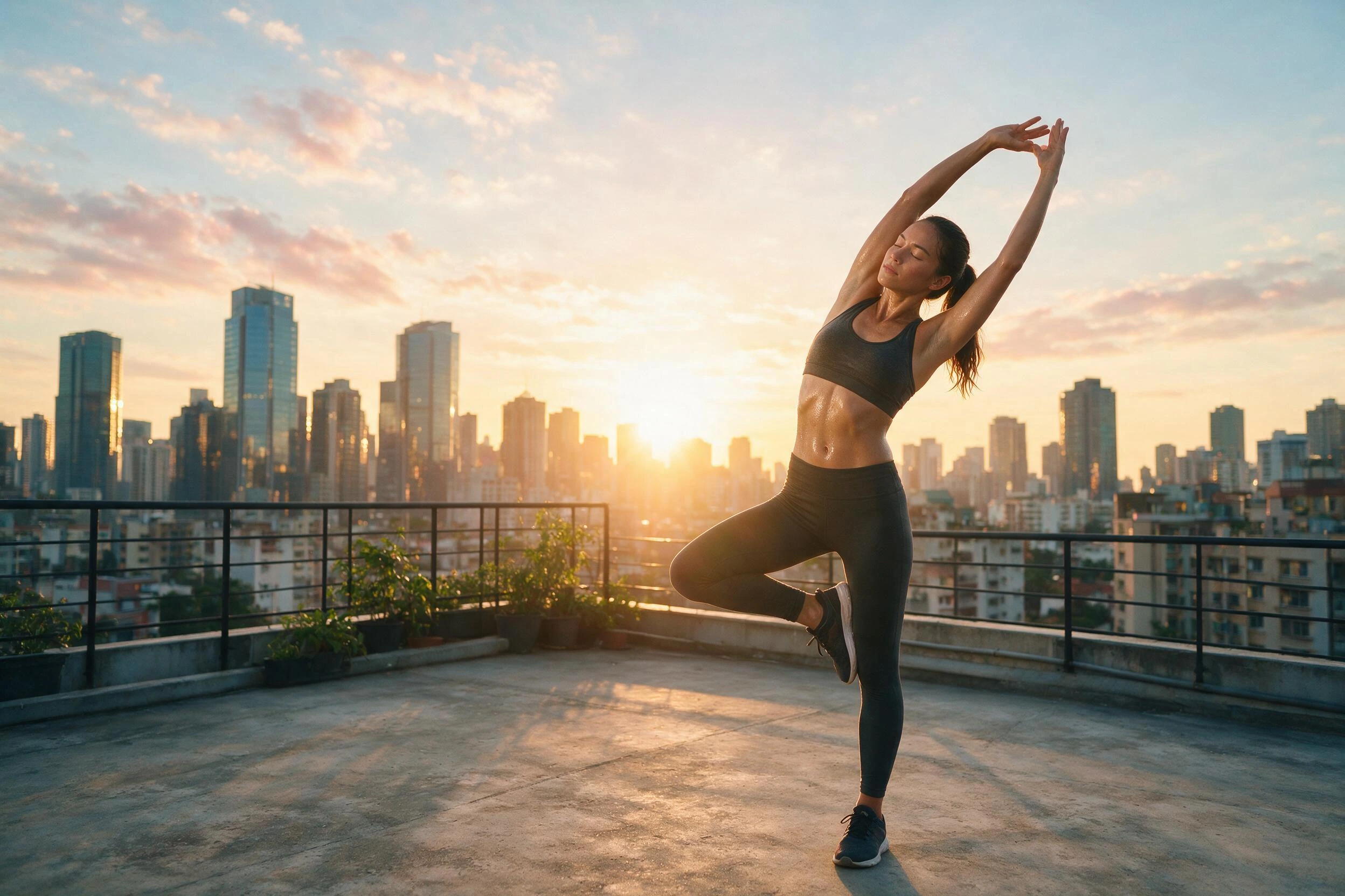 Photoreal render of a beautiful woman in a sports bra stretching on a rooftop at sunrise, generated on Creamify's Dream engine