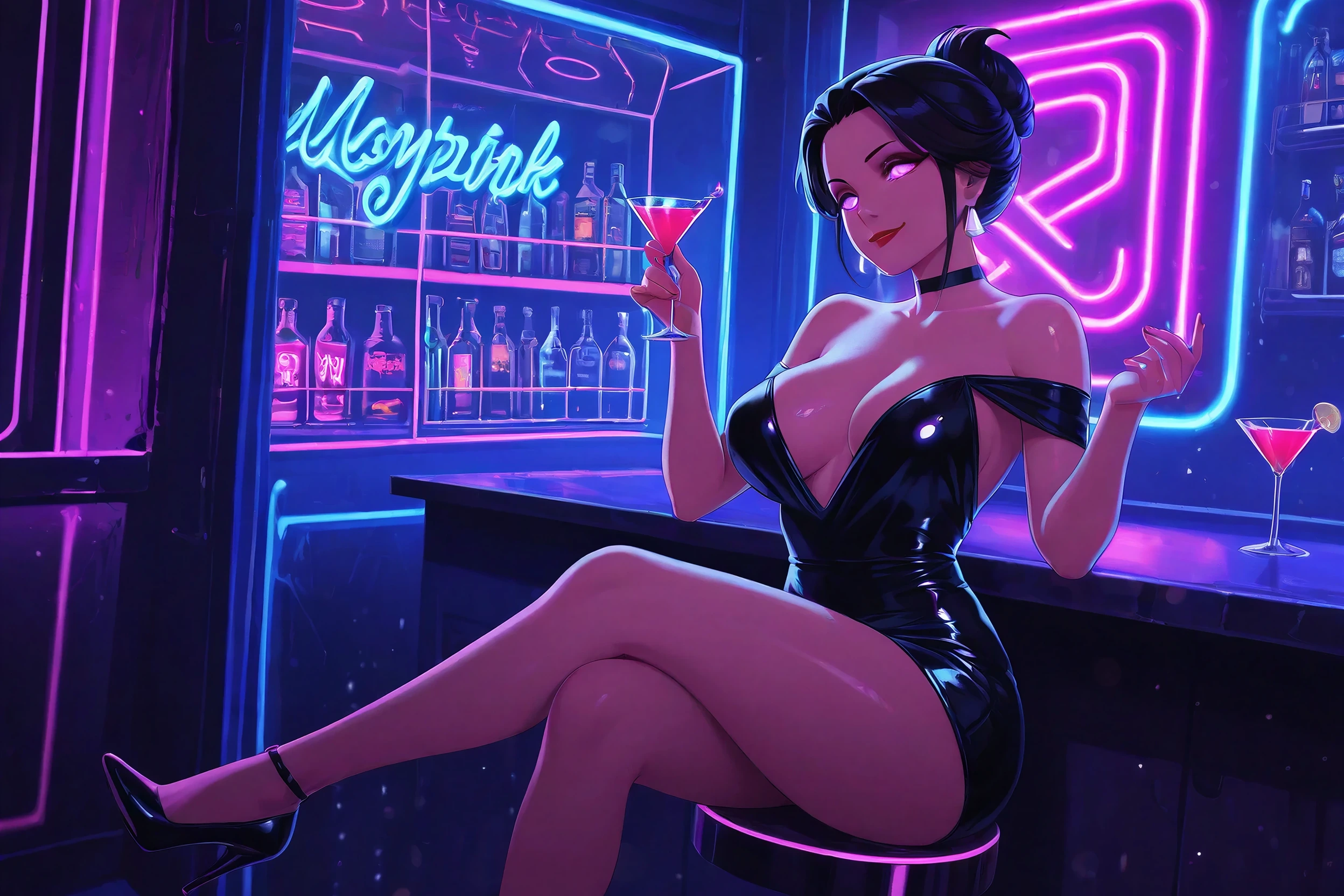 Anime-style render of an anime woman in a black cocktail dress at a neon bar, generated on Creamify's Kira engine