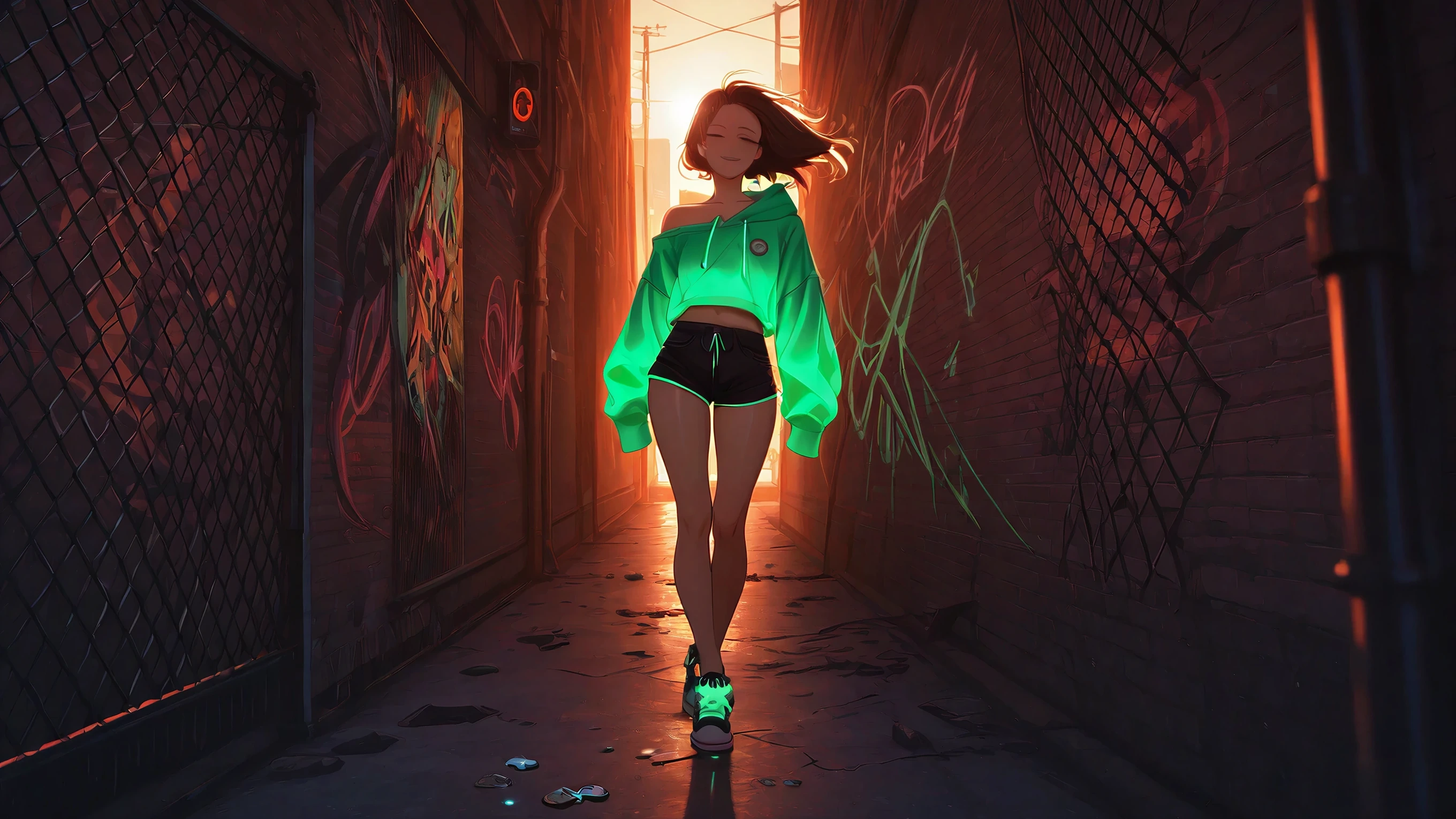 Anime-style render of an anime woman in an oversized neon green off-shoulder hoodie in a graffiti alley at golden hour, generated on Creamify's Kira engine