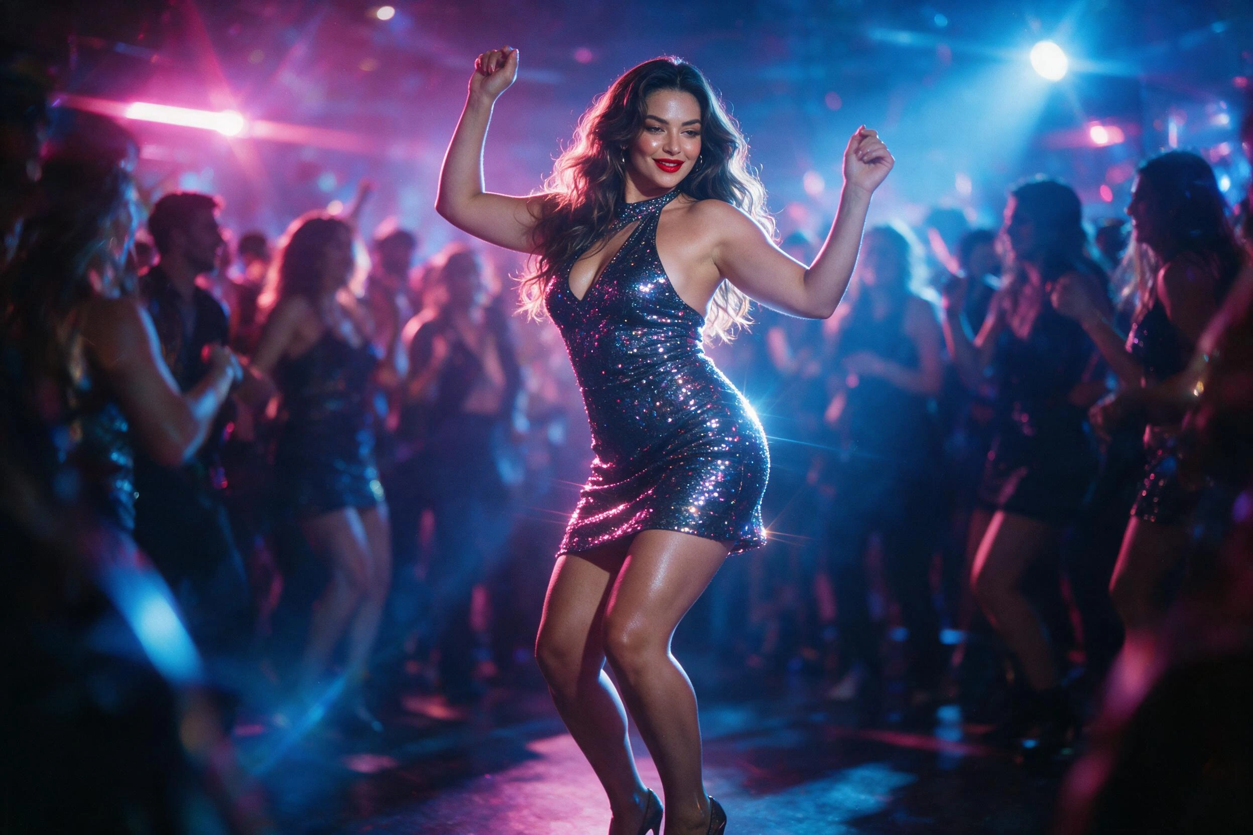 Photoreal render of a beautiful woman dancing in a sequin dress under club lights, generated on Creamify's Dream engine