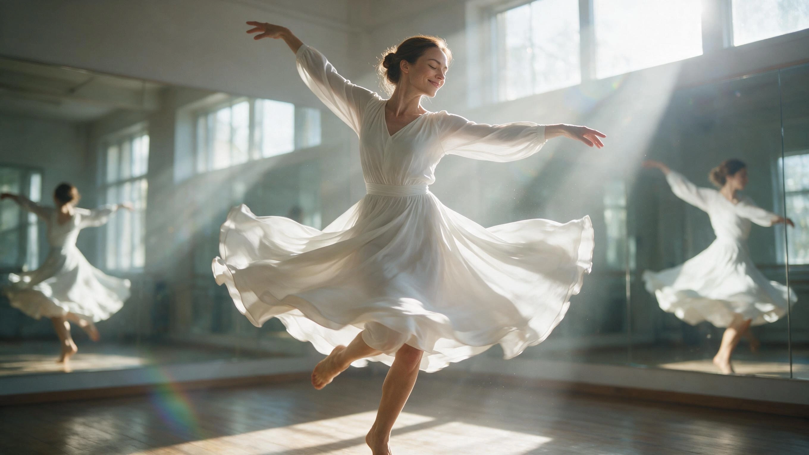Photoreal render of a woman in a white dress mid-spin in a dance studio with sunlight through big windows, generated on Creamify's Dream engine