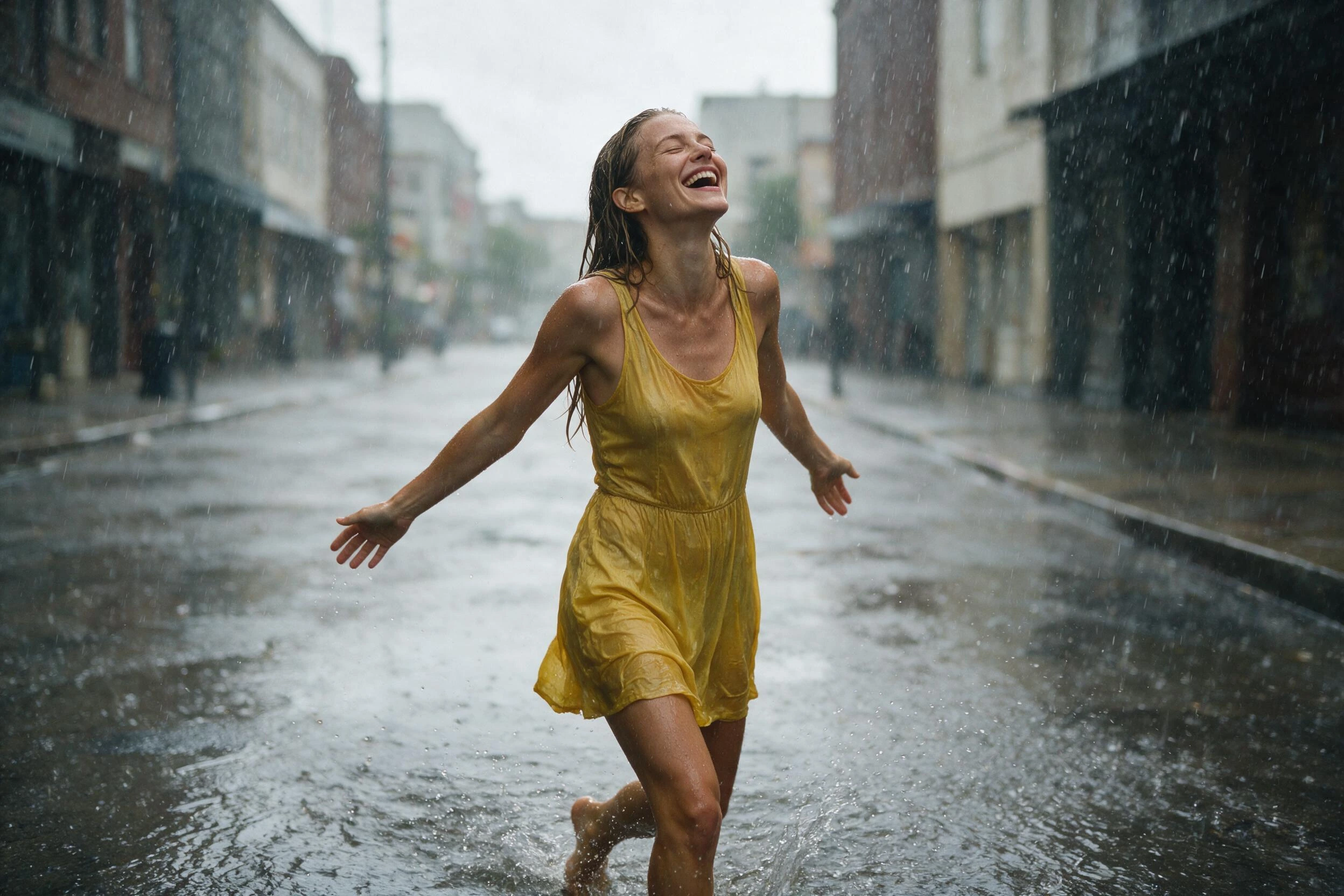 Photoreal render of a woman in a yellow sundress laughing in summer rain on a city street, generated on Creamify's Dream engine