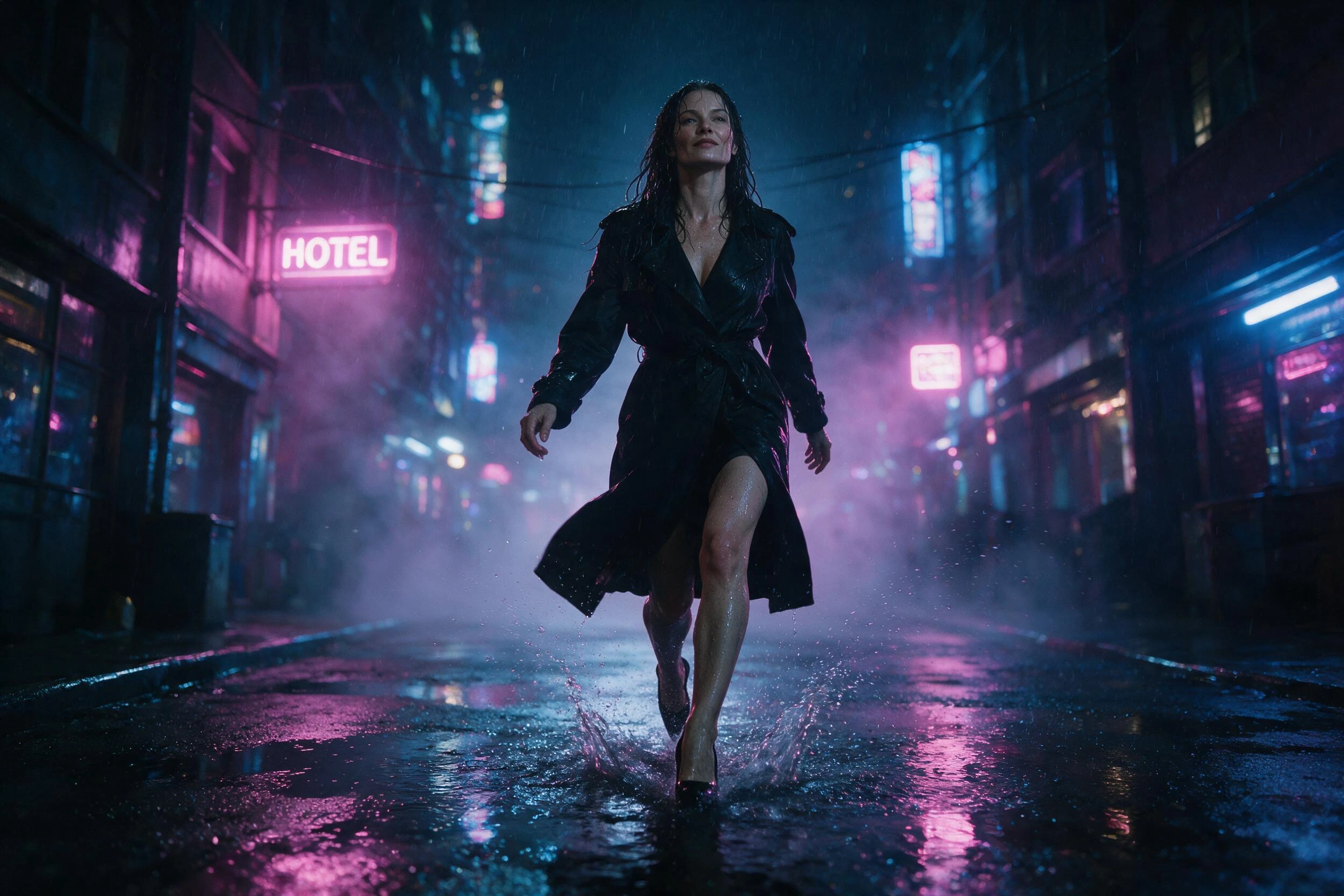 Photoreal render of a woman walking through a neon-lit street at night in the rain, generated on Creamify's Dream engine