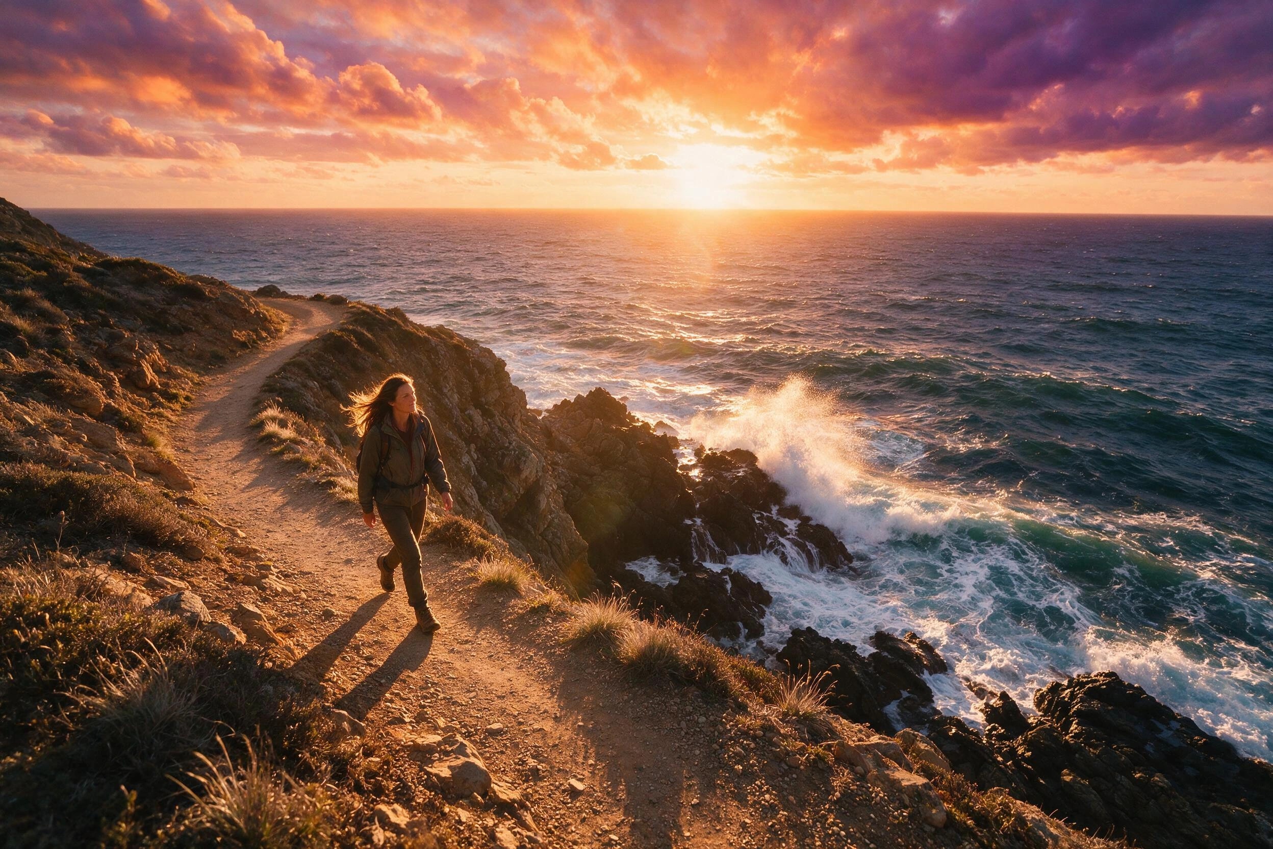 Photoreal render of aerial view of a woman walking along a coastal cliff path at sunset, generated on Creamify's Dream engine