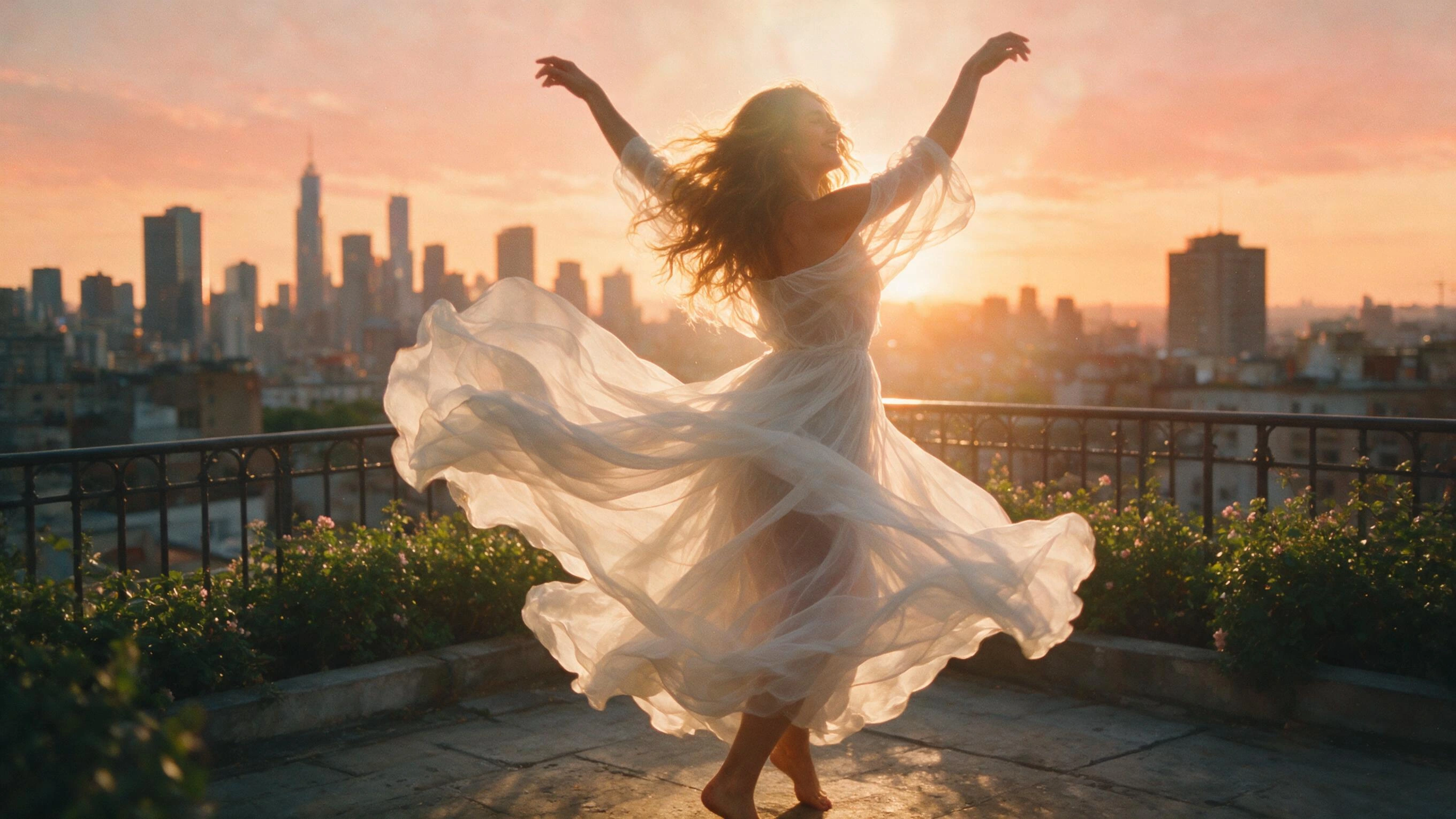 Photoreal render of a woman dancing on a rooftop at sunset in a flowing dress, cinematic, generated on Creamify's Dream engine