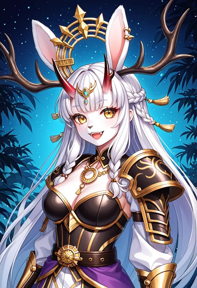 Anthro jackalope warrior with white fur, rabbit ears, antlers, and black-and-gold armor under a night sky
