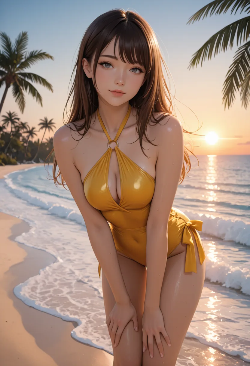 Golden-hour anime portrait of a woman at the shoreline, rendered with one of Creamify's tag-driven anime image engines