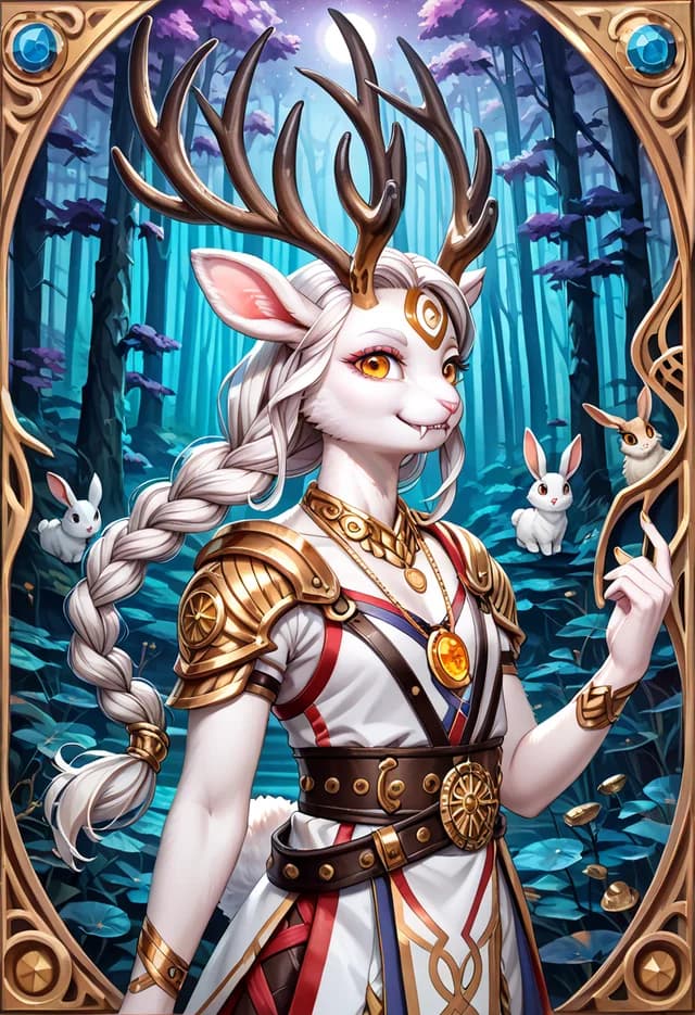 White-furred anthro deer character with braided hair and gold pauldrons, framed by an ornate forest border