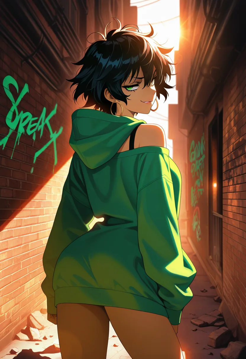 Anime character portrait in an oversized green hoodie, rendered from a booru-style tag list