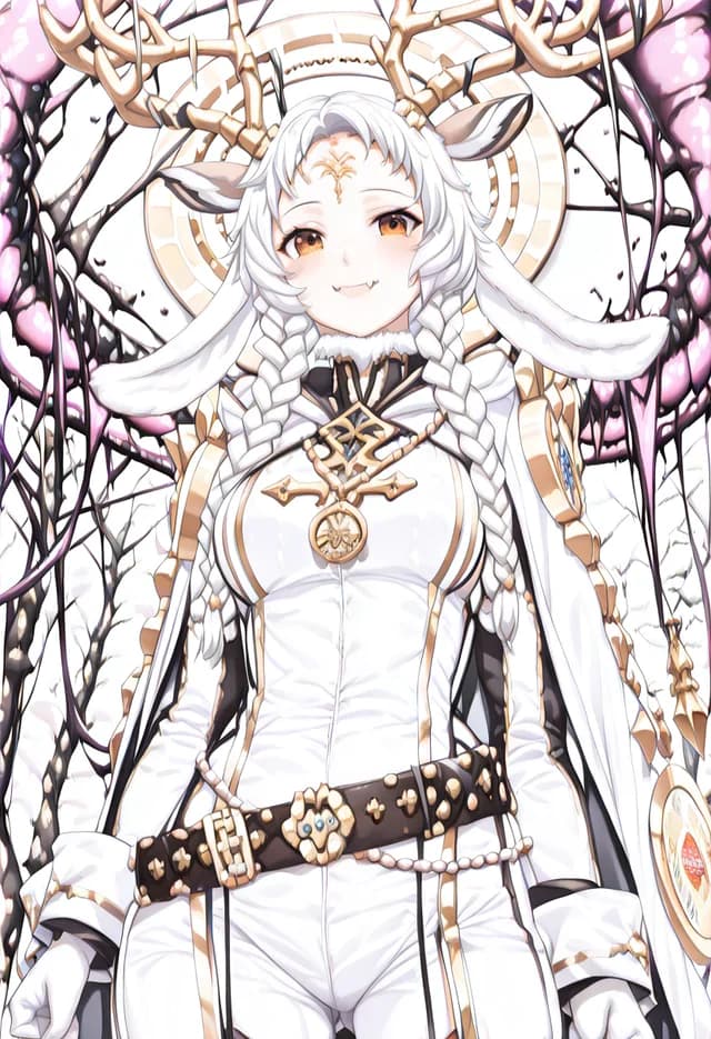 Softer anime rendering of the antlered character with lop ears, a fur collar, and white-and-gold dress