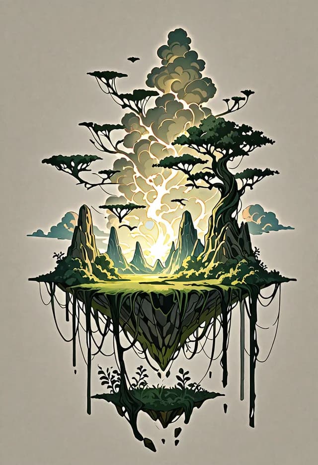 Fantasy floating island in a vibrant anime style