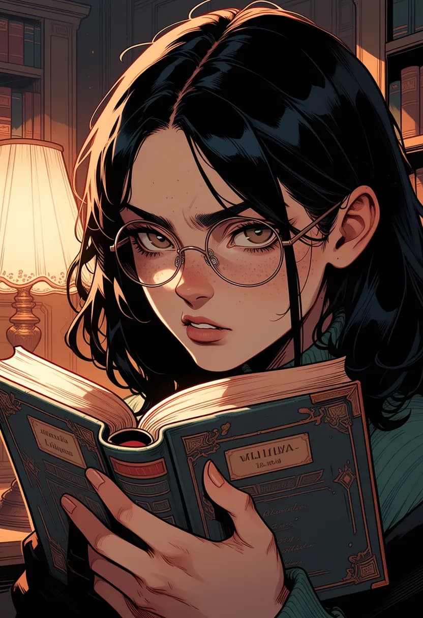 Anime character reading, soft interior lighting