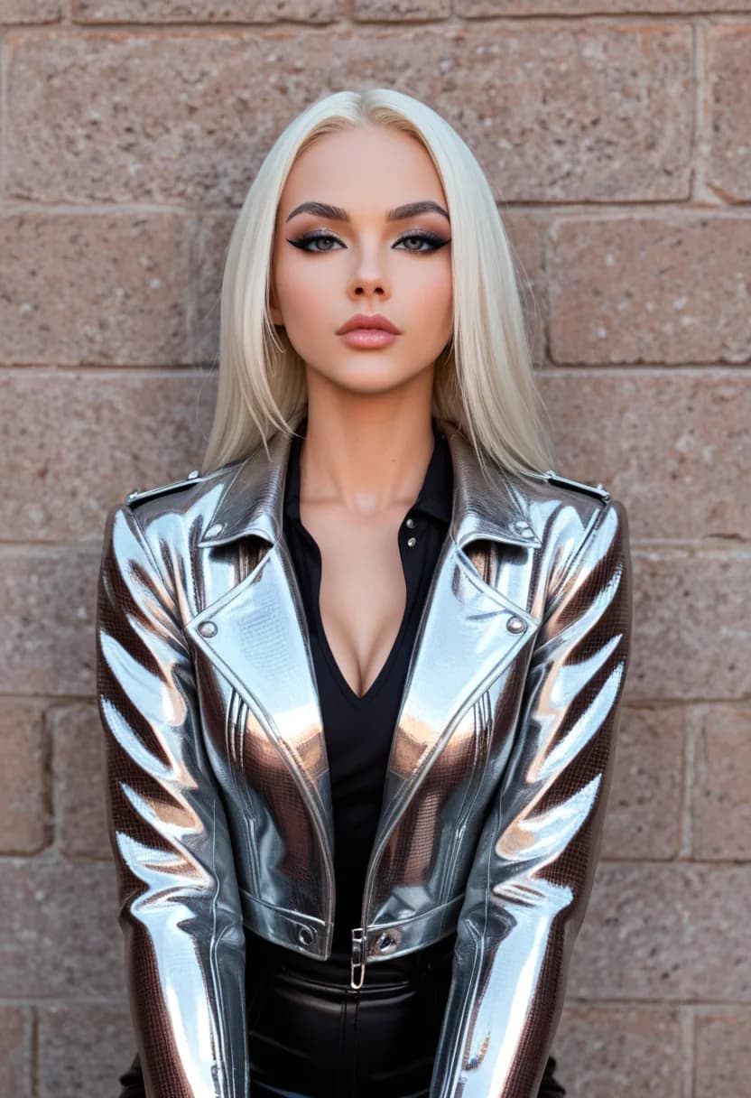 Photorealistic portrait of a woman in a metallic jacket, generated on Creamify with one of its realistic image engines