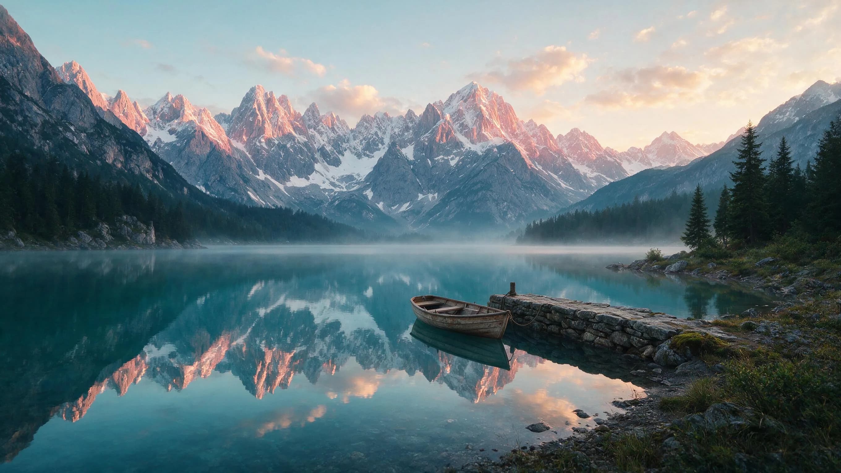 Alpine lake portrait scene rendered on Creamify's Dream photoreal image engine