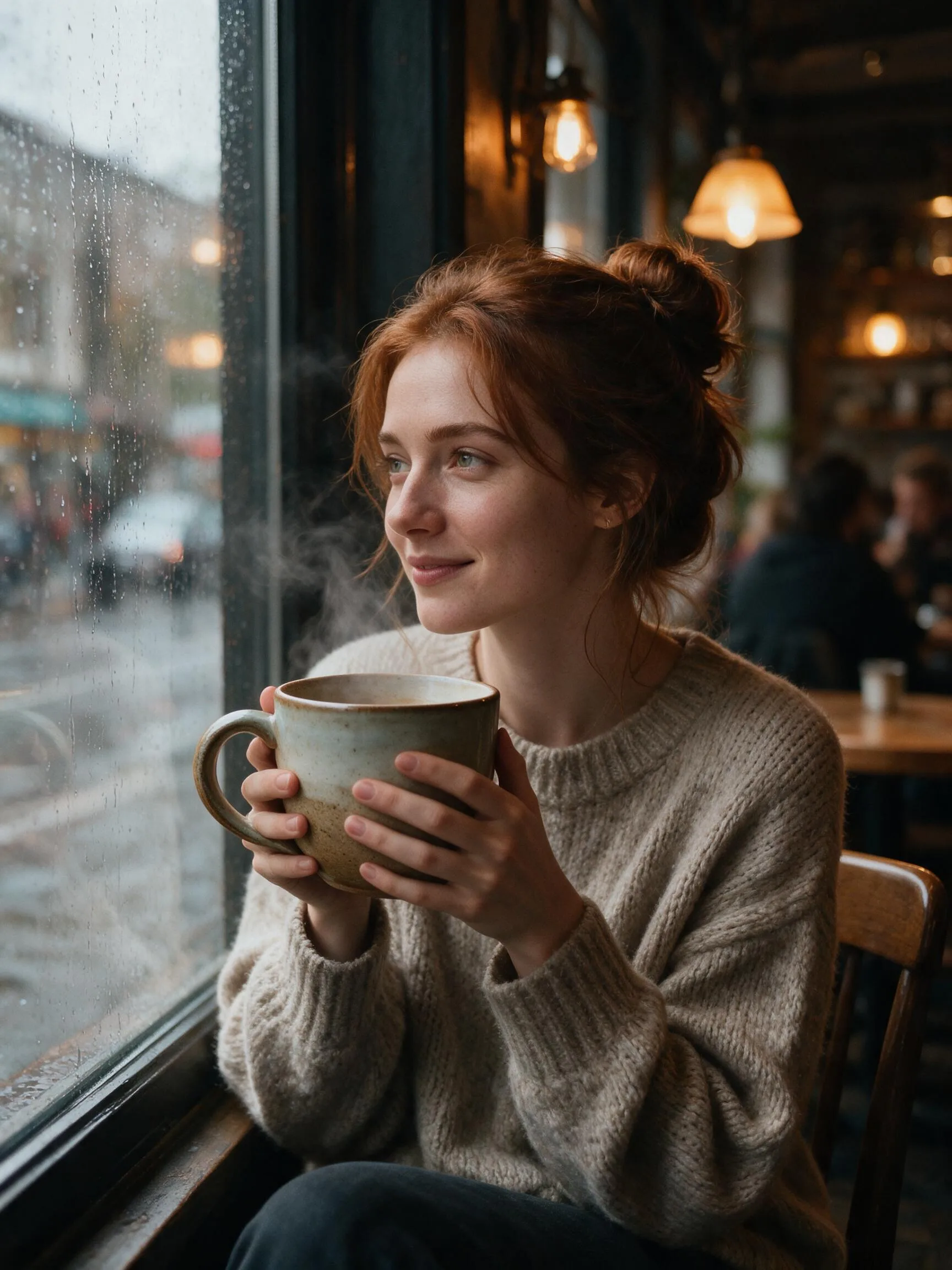 Photoreal portrait by a cafe window, rendered with Creamify's Dream engine