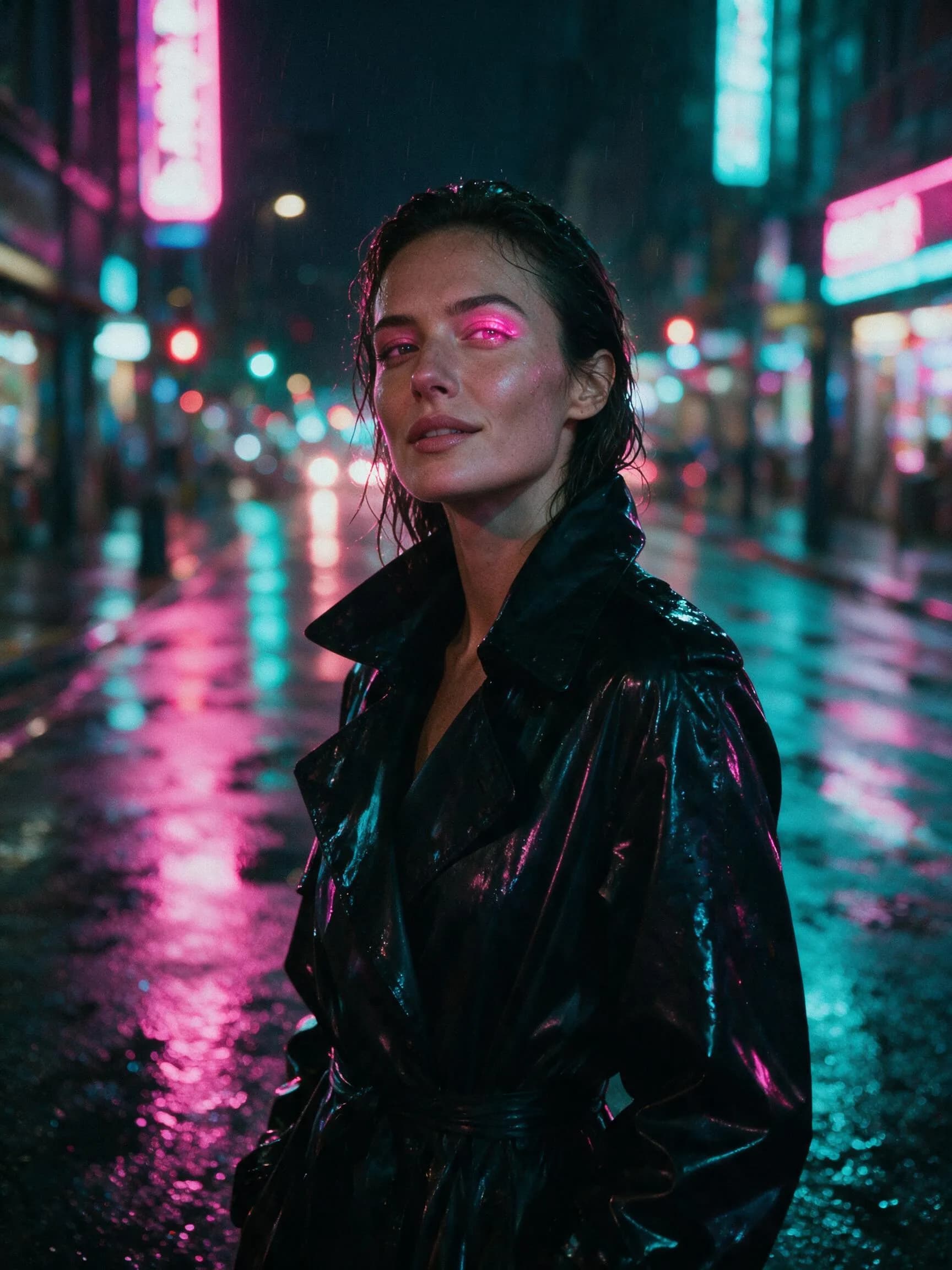 Cinematic night portrait of a woman on a neon-lit, rain-soaked street, generated with Creamify's Dream photoreal engine
