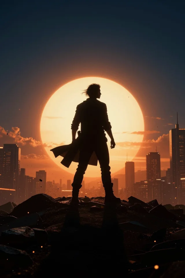 Cinematic silhouette against a burning horizon