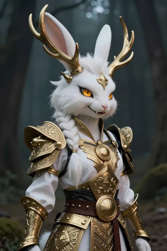 Photoreal white-furred anthro rabbit knight with golden antlers and engraved armor in a dark forest