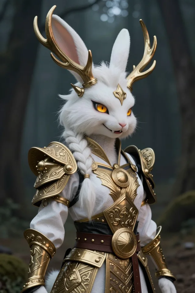 Photoreal white-furred anthro rabbit knight with golden antlers and engraved armor in a dark forest