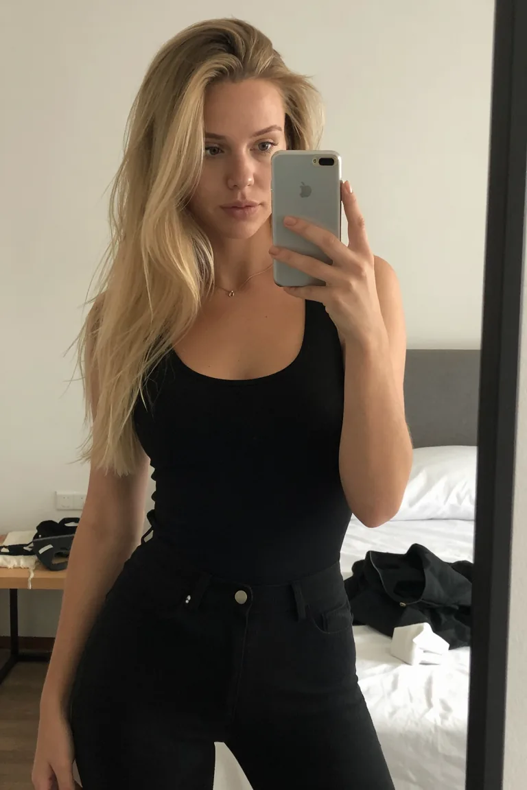 Casual mirror-selfie render produced by the prose prompt quoted above