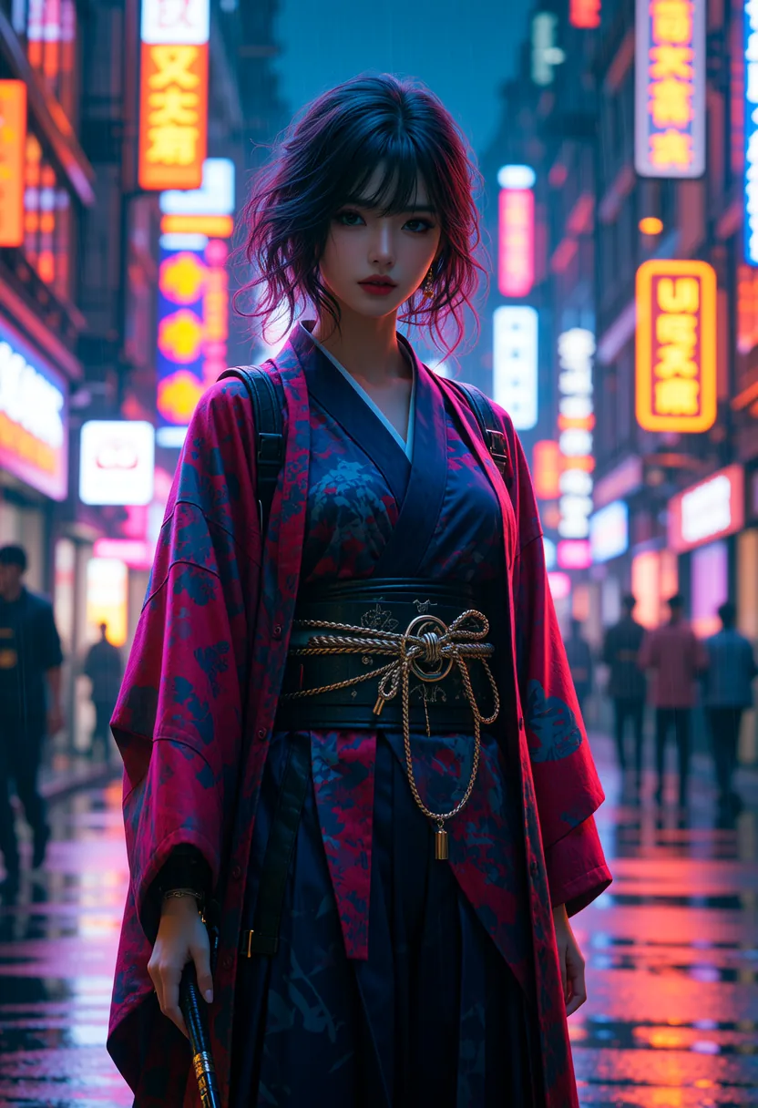 Photoreal render of a woman in a modern fusion kimono on a neon-lit rainy street, generated with Creamify's Versatile II engine