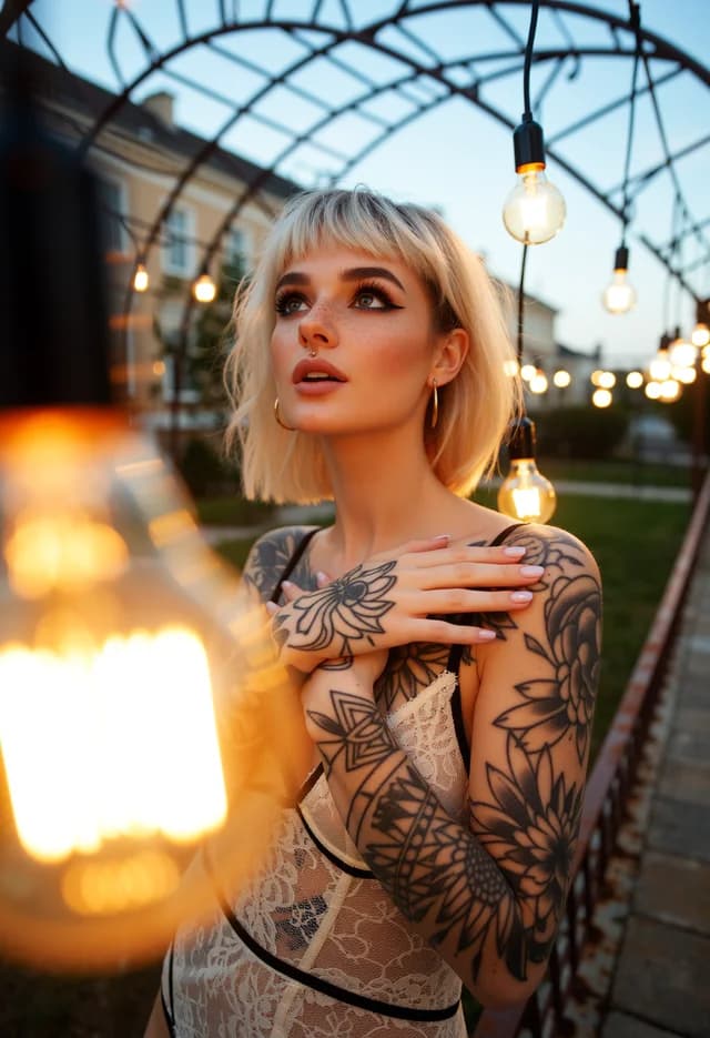 Studio portrait of a tattooed woman in warm light, generated with Creamify's Versatile II engine
