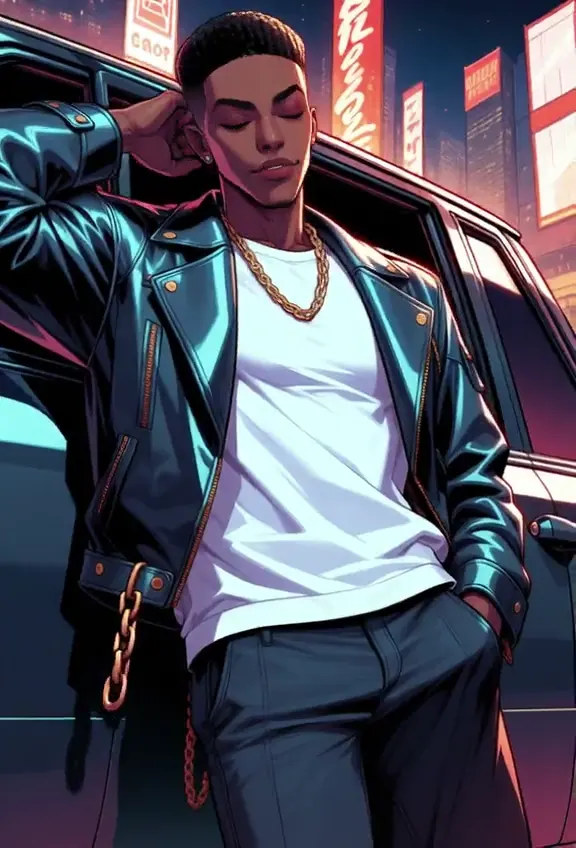 Cinematic night scene of a man stepping away from a car
