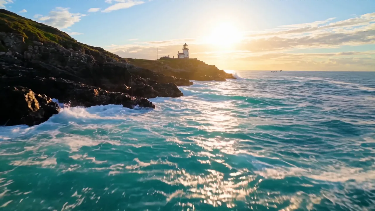 Aerial frame from a generated coastline drone-style video