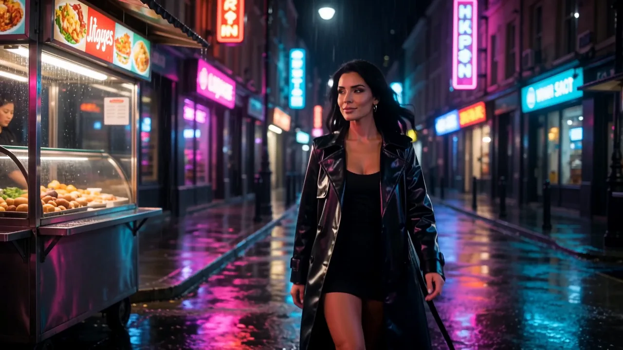 Frame of a woman walking a neon-lit street, taken from a generated clip