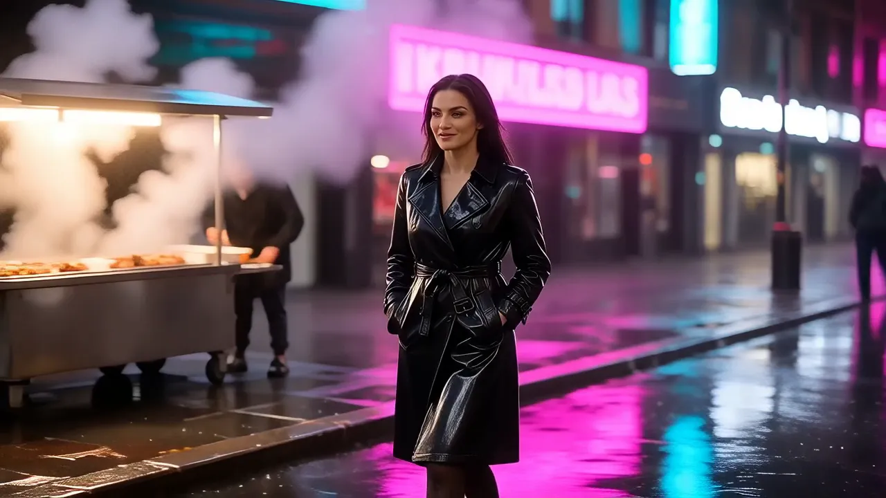 Frame from a neon-lit night walk clip rendered by Creamify's Wan 2.7 video engine