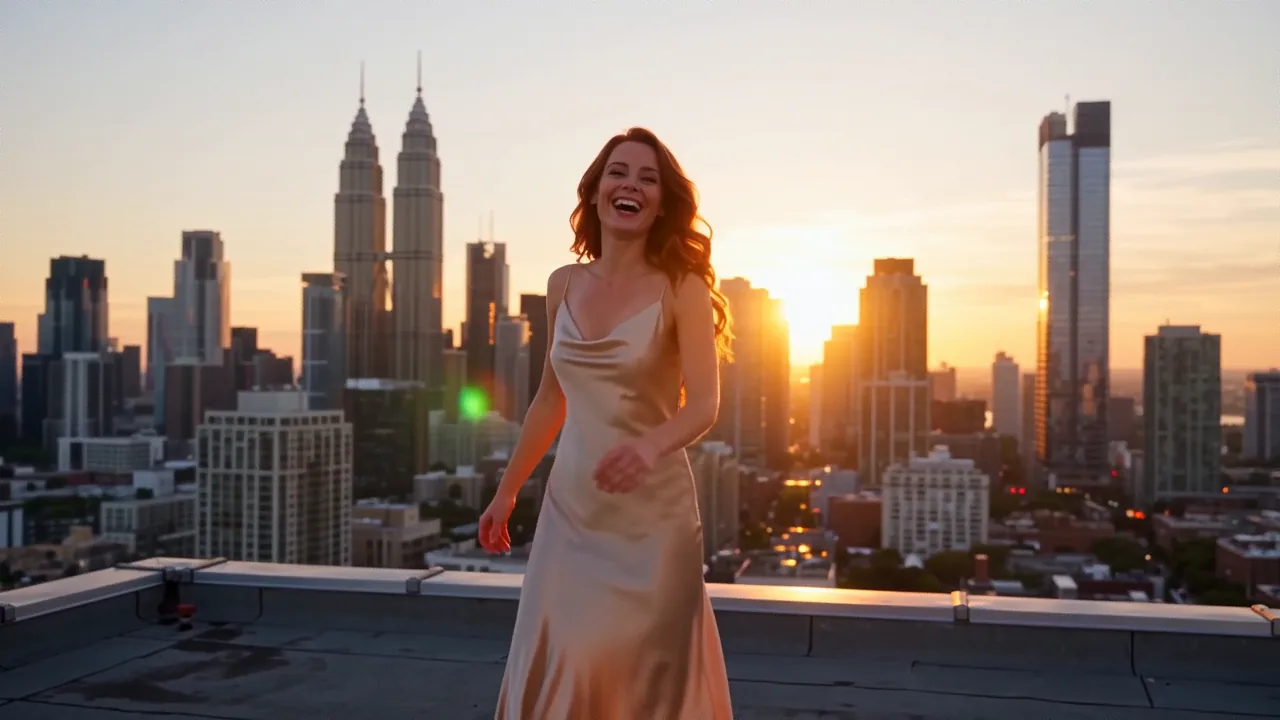 Frame from a generated rooftop dance clip at dusk